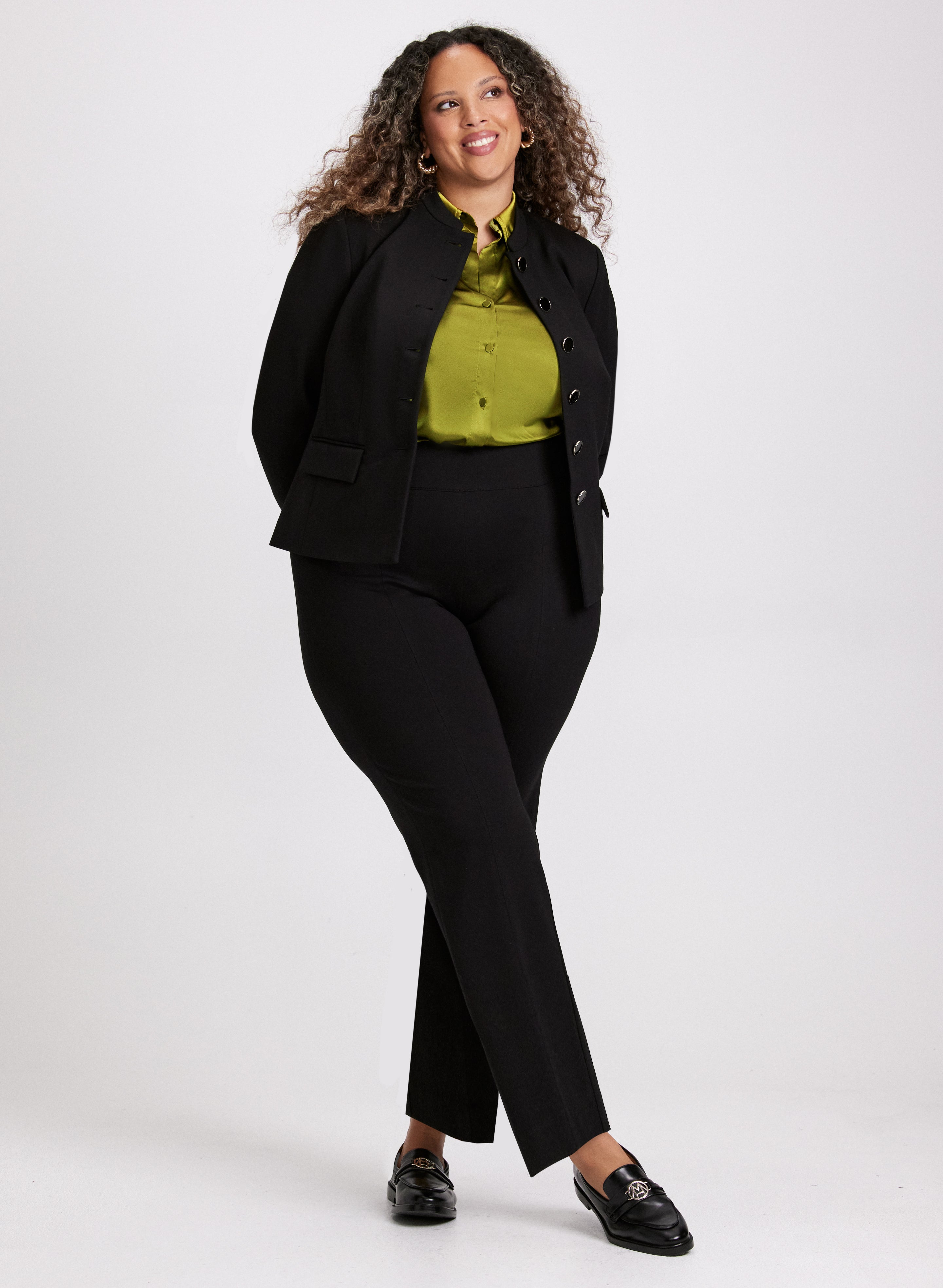 Stylish Crew Neck Button Down Jacket & Sophia Straight Leg Pants Set - Women's Casual Office Wear for Business & Everyday Outfits