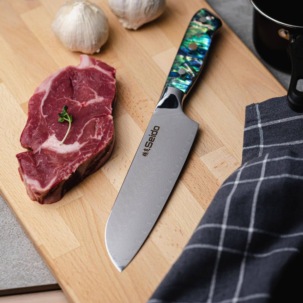 Premium Seido Awabi Damascus Chef Knife Set - Professional Japanese Stainless Steel Kitchen Knives with Abalone Shell Resin Handle, Ultra Sharp Full Tang Design for Slicing, Dicing & Chopping - Perfect for Home Chefs & Professional Kitchens