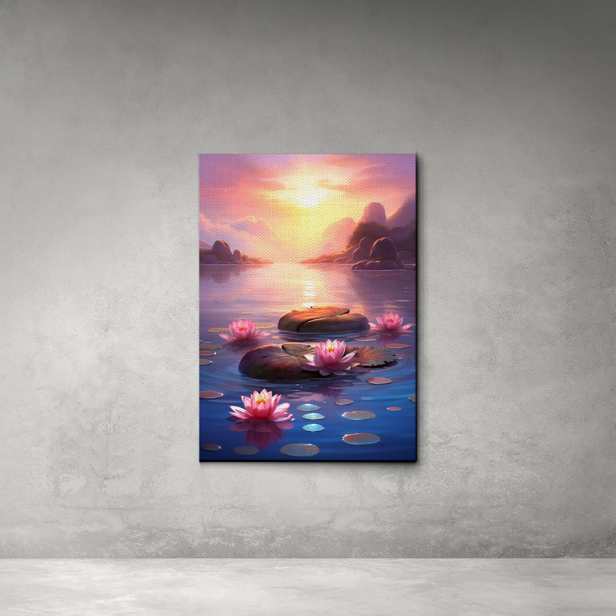 Zen Wall Art Canvas Print - Framed Zen Garden with Stone Flower & Peaceful Water Sunset Meditation Decor for Yoga Room, Living Room, and Office | Serene Scenery Home Decor