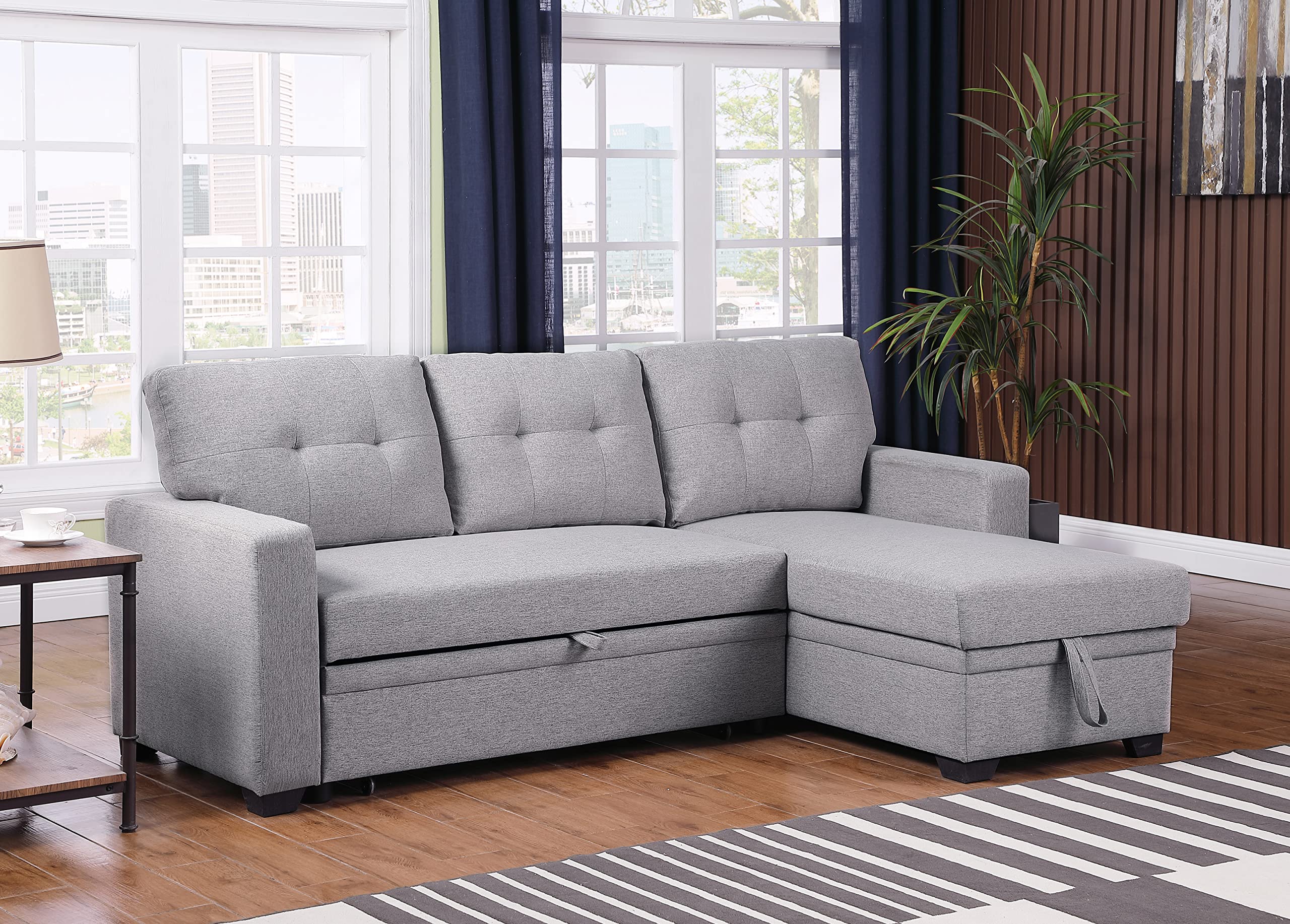 Devion Furniture L-Shape Sleeper Sectional Sofa with Linen Fabric - Convertible Sofa Bed for Living Room, Apartment & Dorm - Light Gray | Perfect for Small Spaces, Guest Rooms & Studio Apartments