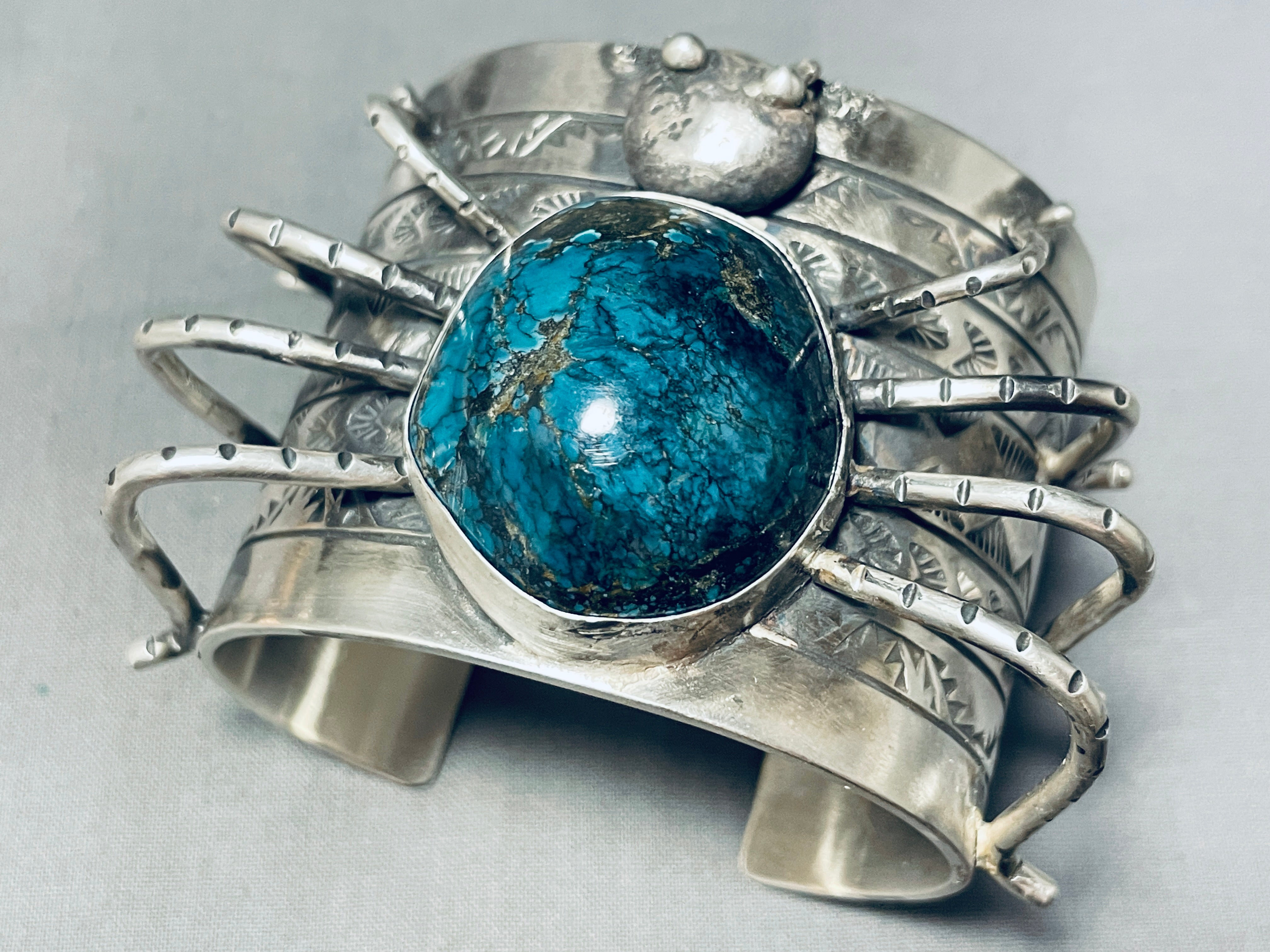 179 Grams Navajo Sterling Silver Spider Bracelet - Authentic Native American Turquoise Jewelry for Women, Boho Chic Fashion Accessory for Casual Wear & Special Occasions