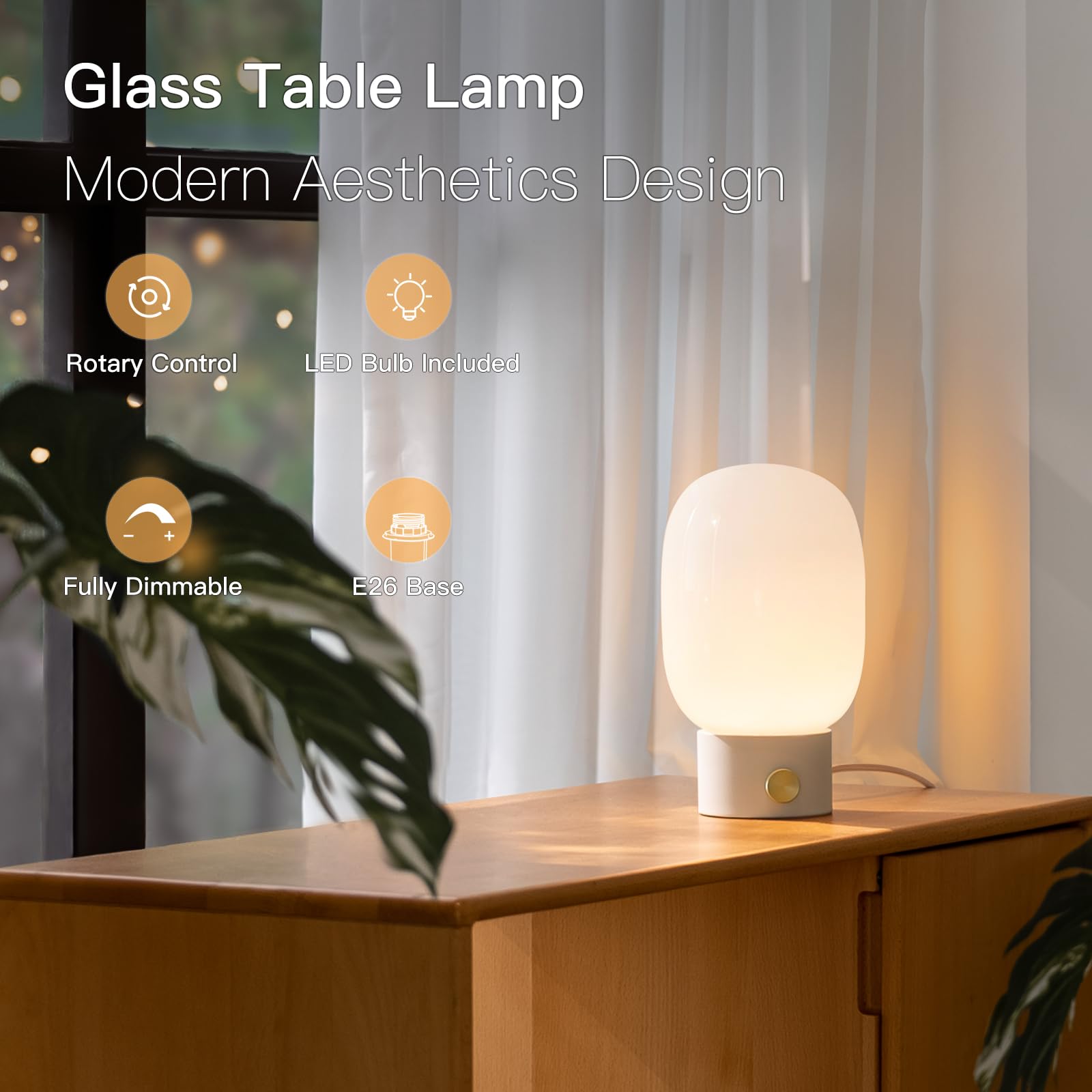 ONEWISH Modern Dimmable Table Lamp with Warm LED Bulb - Adjustable Rotary Switch Glass Nightstand Light for Bedroom, Living Room & Office - Soft White Lighting for Reading, Relaxing & Decor