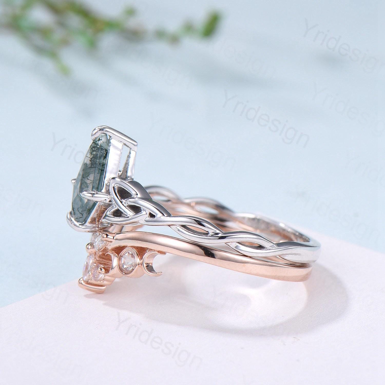 Viking Kite Cut Moss Agate Engagement Ring Set with Celtic Love Knot Moonstone Wedding Band - Vintage Unique Twisted Green Crystal Bridal Jewelry for Norse Wedding, Handfasting Ceremony & Boho Bridal Fashion