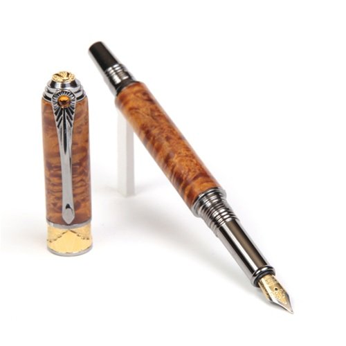 Lanier Art Deco Fountain Pen - Premium Black Titanium & 22kt Gold Trim - Yellow Box Elder Wood - Luxury Writing Instrument for Professionals & Collectors - Perfect for Business Signatures, Gift Giving & Calligraphy