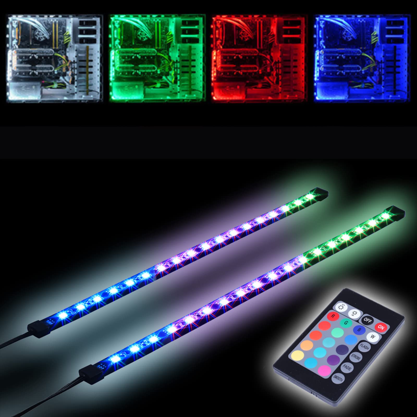 RGB LED Strip Lights for PC - Magnetic Computer Case Lighting with 24-Key Remote Controller (2 Pack, 30CM, R Series) - Perfect for Gaming Setups, Home Office Desktops & Mid/Full Tower PC Customization