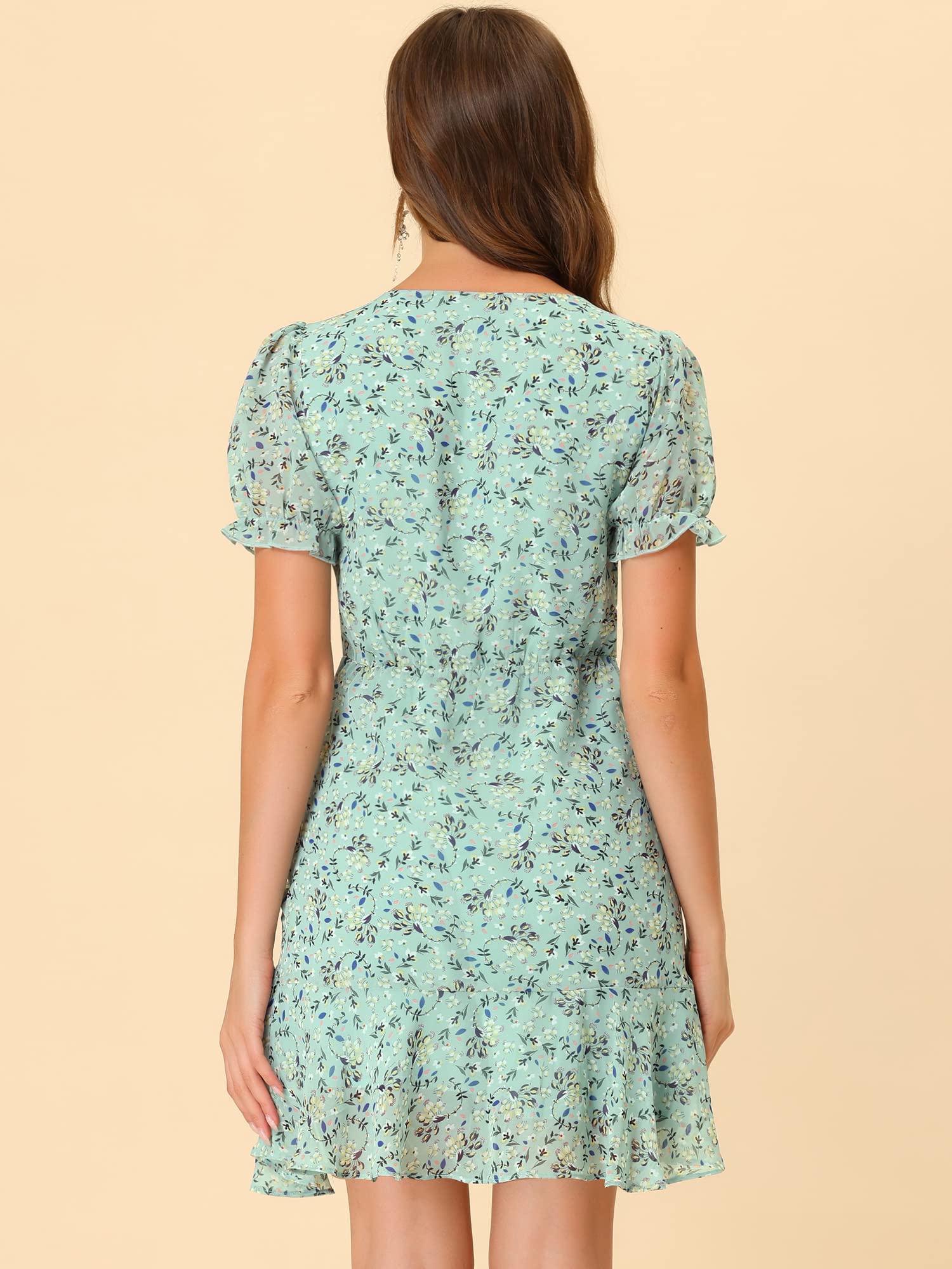 Allegra K Women's Floral Chiffon Dress with Ruffle Puff Sleeves & V-Neck - Elegant Drawstring Ruched Design for Summer Parties, Weddings & Casual Outings
