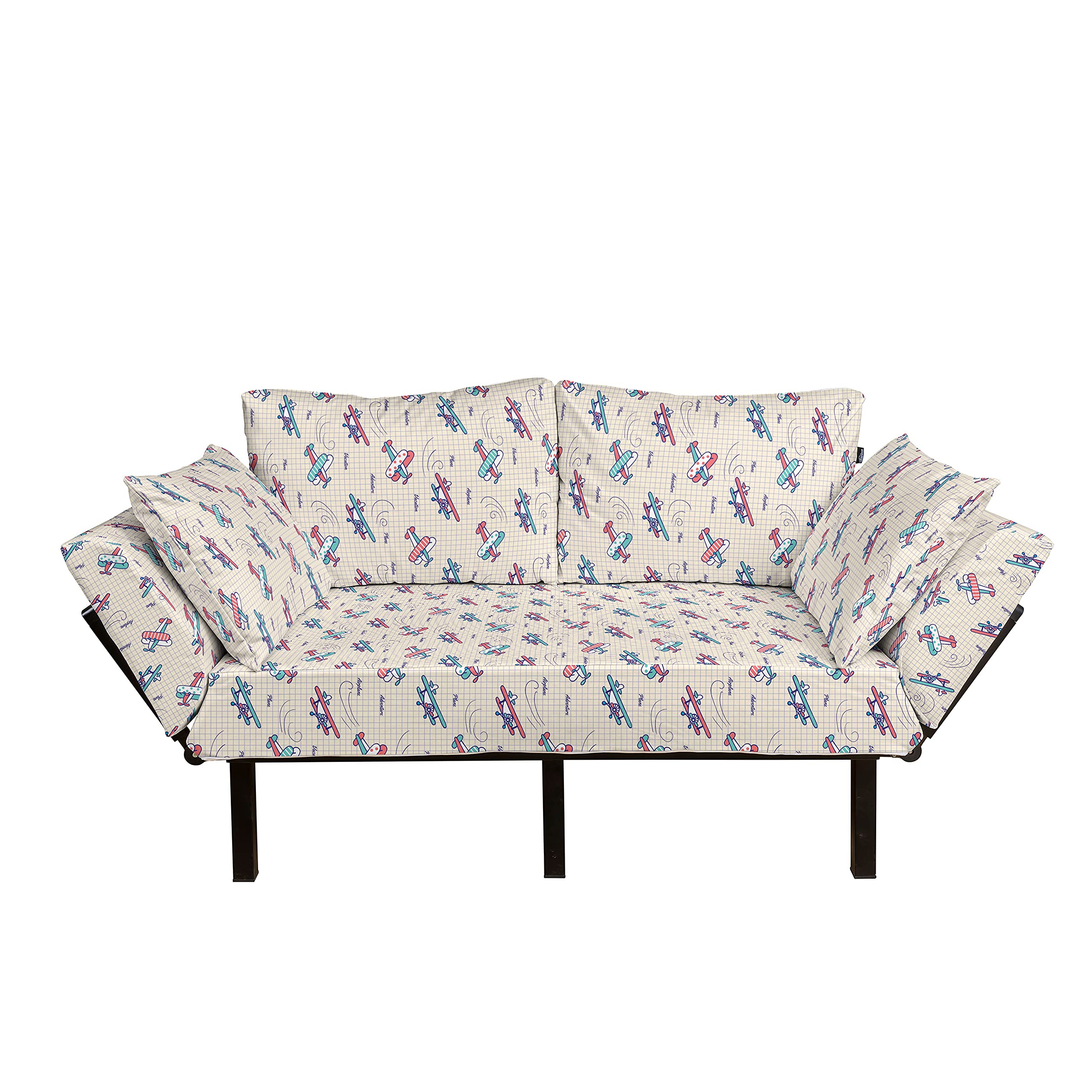 Ambesonne Vintage Airplane Futon Couch - Colorful Aircraft Design on Notebook Background, Adventure Exploration Theme Daybed with Sturdy Metal Frame - Upholstered Sofa for Living Room, Dorm, Loveseat - Multicolor | Perfect for Small Spaces, Guest Rooms & Cozy Reading Nooks