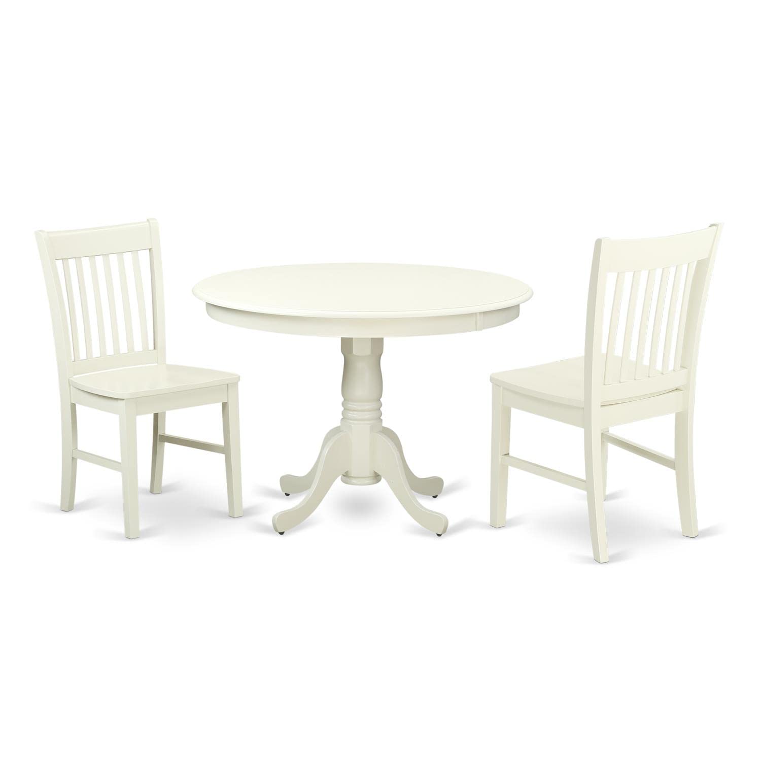 East West Furniture HLNO3-LWH-W 3-Piece Round Dinette Set for Small Spaces - 42x42 Inch Pedestal Dining Table with 2 Chairs in Linen White - Perfect for Apartments, Breakfast Nooks & Cozy Kitchens