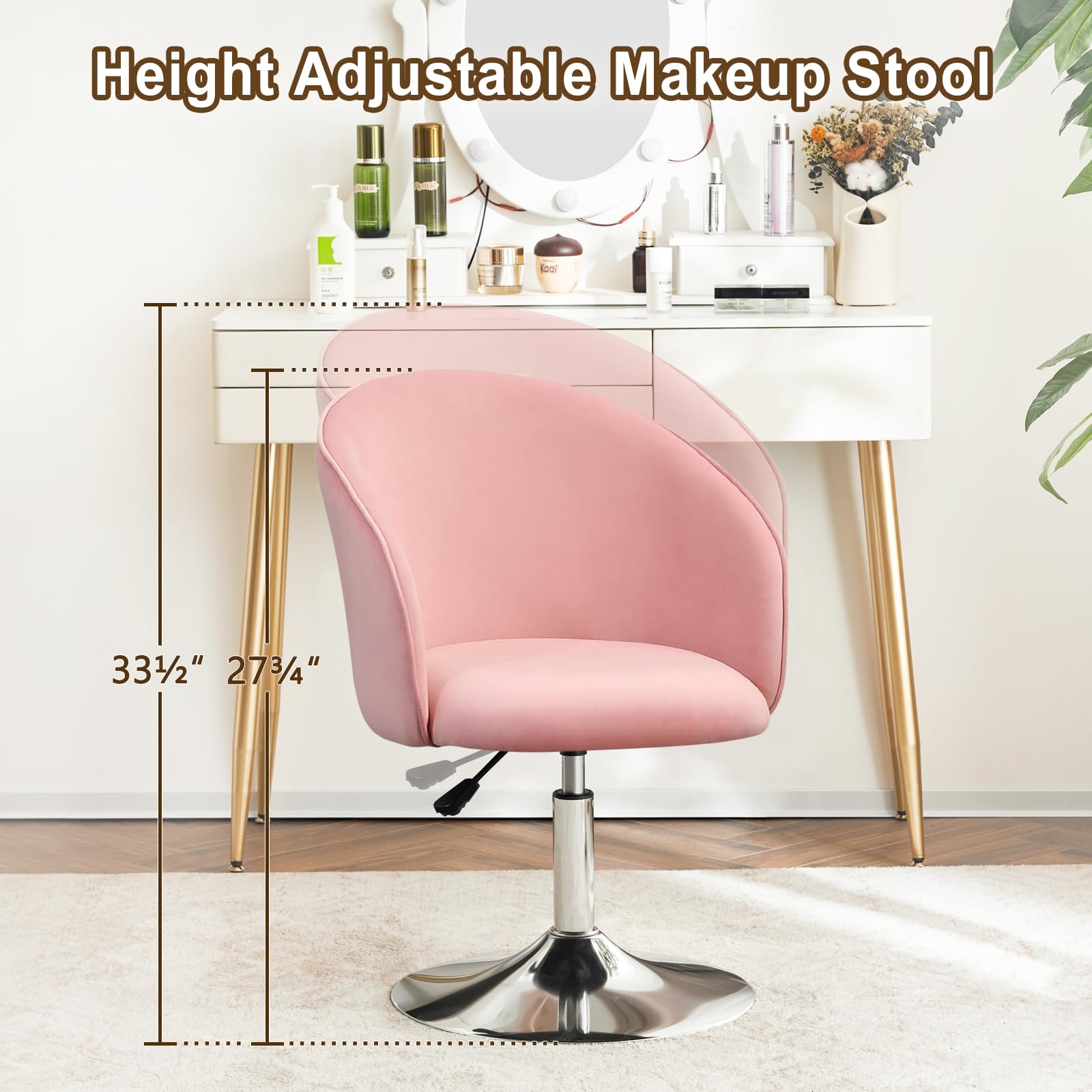 Furnimart Velvet Vanity Chair - Adjustable Height Makeup Stool with Chrome Frame, Round Swivel Accent Chair for Bedroom, Living Room & Office (Pink) - Perfect for Dressing Tables, Beauty Salons and Home Decor