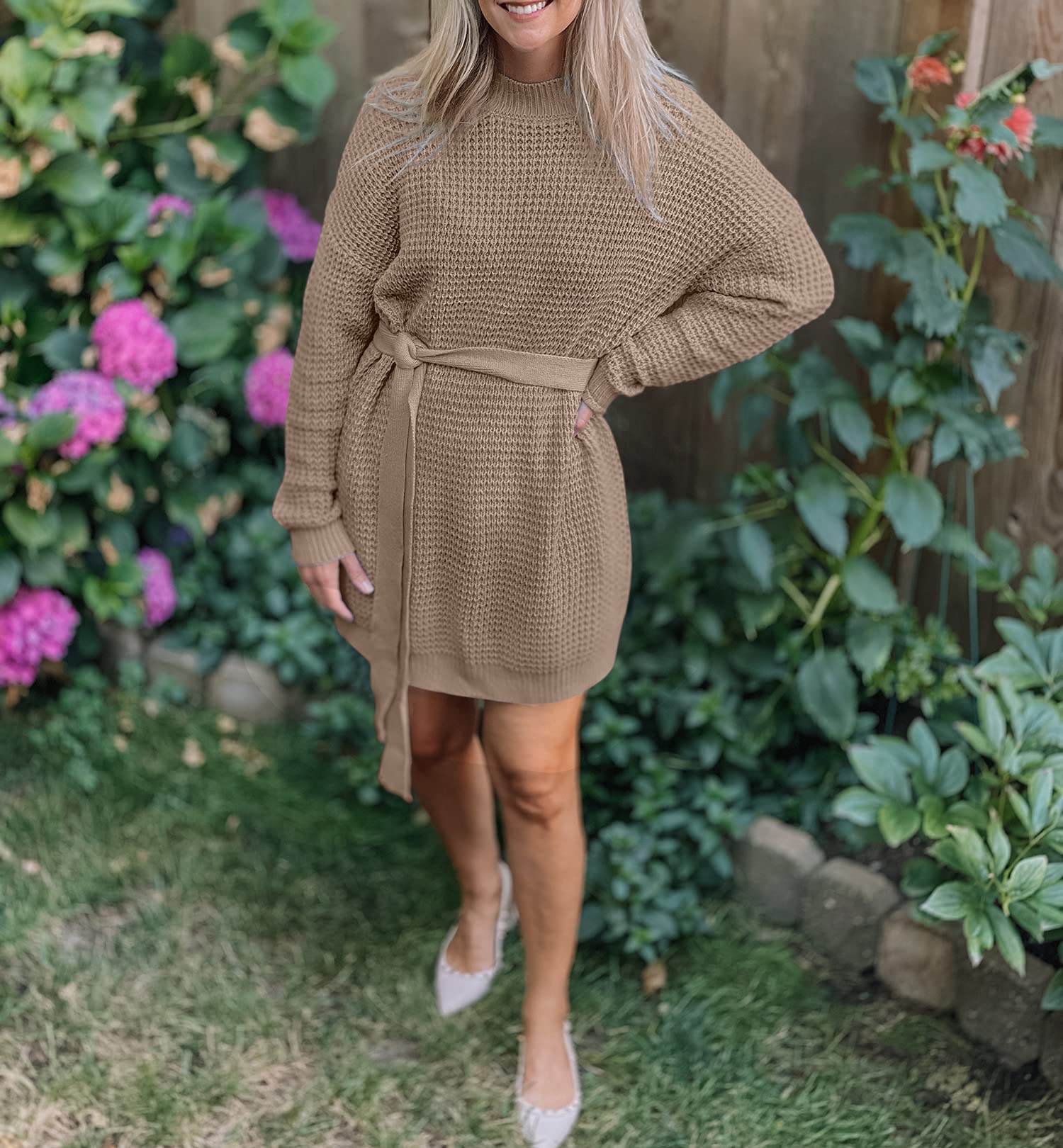 ZESICA Women's Long Sleeve Waffle Knit Tie Waist Tunic Sweater Dress - Fall Winter Pullover for Casual Outings, Office Wear & Holiday Outfits