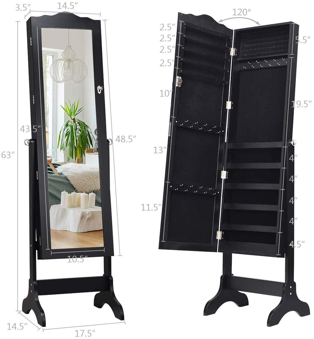 AUGESTER Lockable Full Length Mirror Jewelry Armoire Organizer - Large Adjustable Storage Cabinet with 4 Angel Design & Top Arc, 2-in-1 Jewelry Box (Black) | Perfect for Bedroom, Closet & Dressing Room Organization
