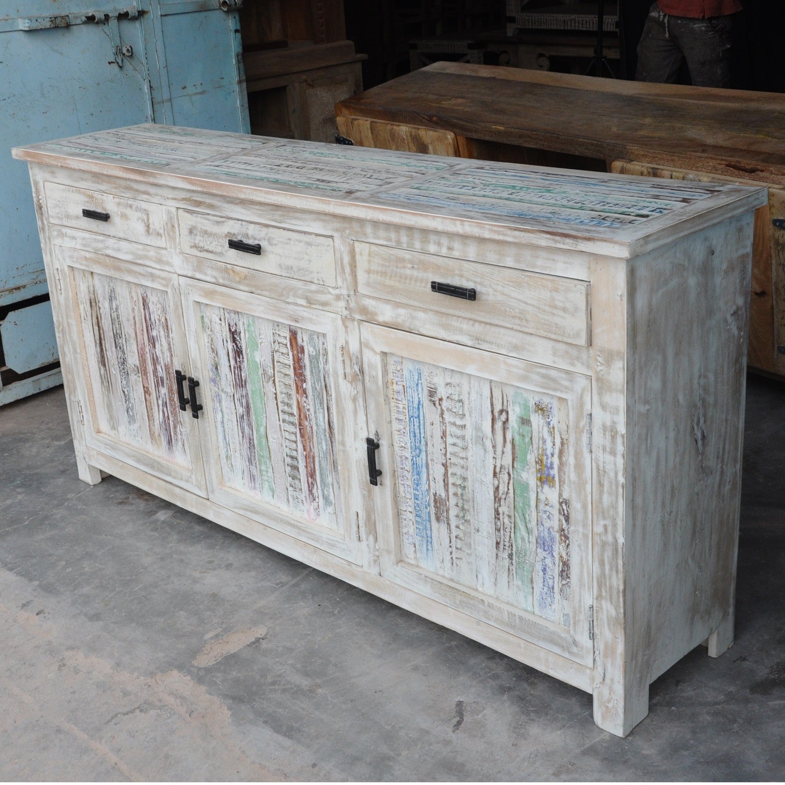 Reclaimed Wood & Mango Wood Large Sideboard Buffet Hutch - White Finish (180-200cm) - Rustic Dining Room Storage Cabinet for Farmhouse & Modern Homes
