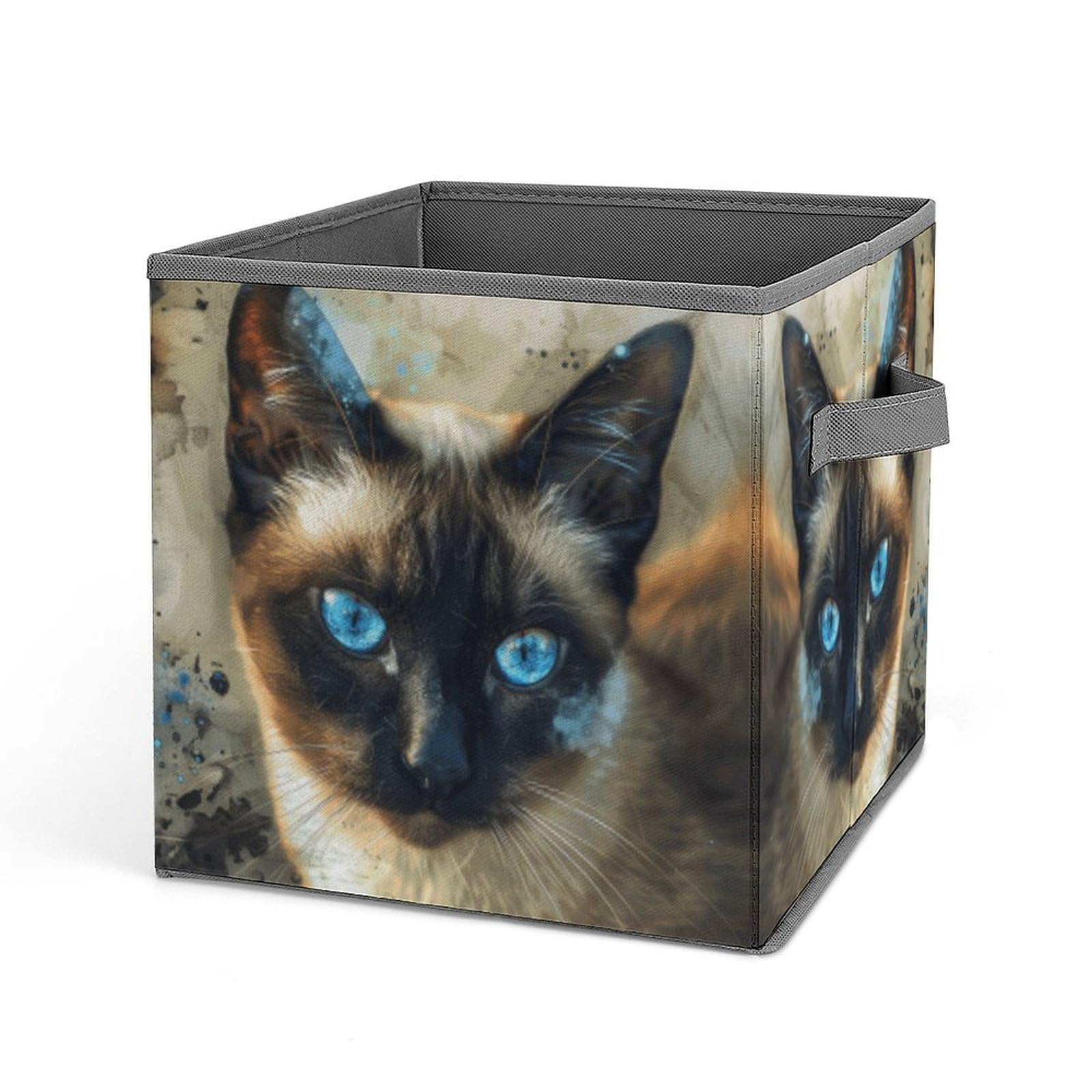 Collapsible Storage Cubes with Handles - 10.6×10.6 Inch Foldable Fabric Bins for Home Organization | Siamese Cat Printed Design | Perfect for Closet, Nursery, Office & Laundry Room Storage