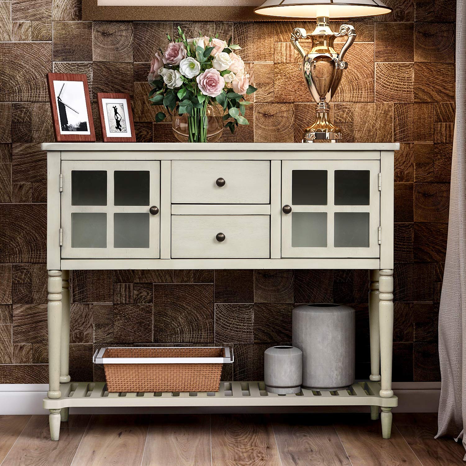 Quarte Sideboard - Solid Wood Console Table with 2 Drawers & Bottom Shelf | Storage Buffet Cabinet for Living Room, Kitchen & Dining Room | Perfect for Home Organization & Entertaining (Antique Gray)