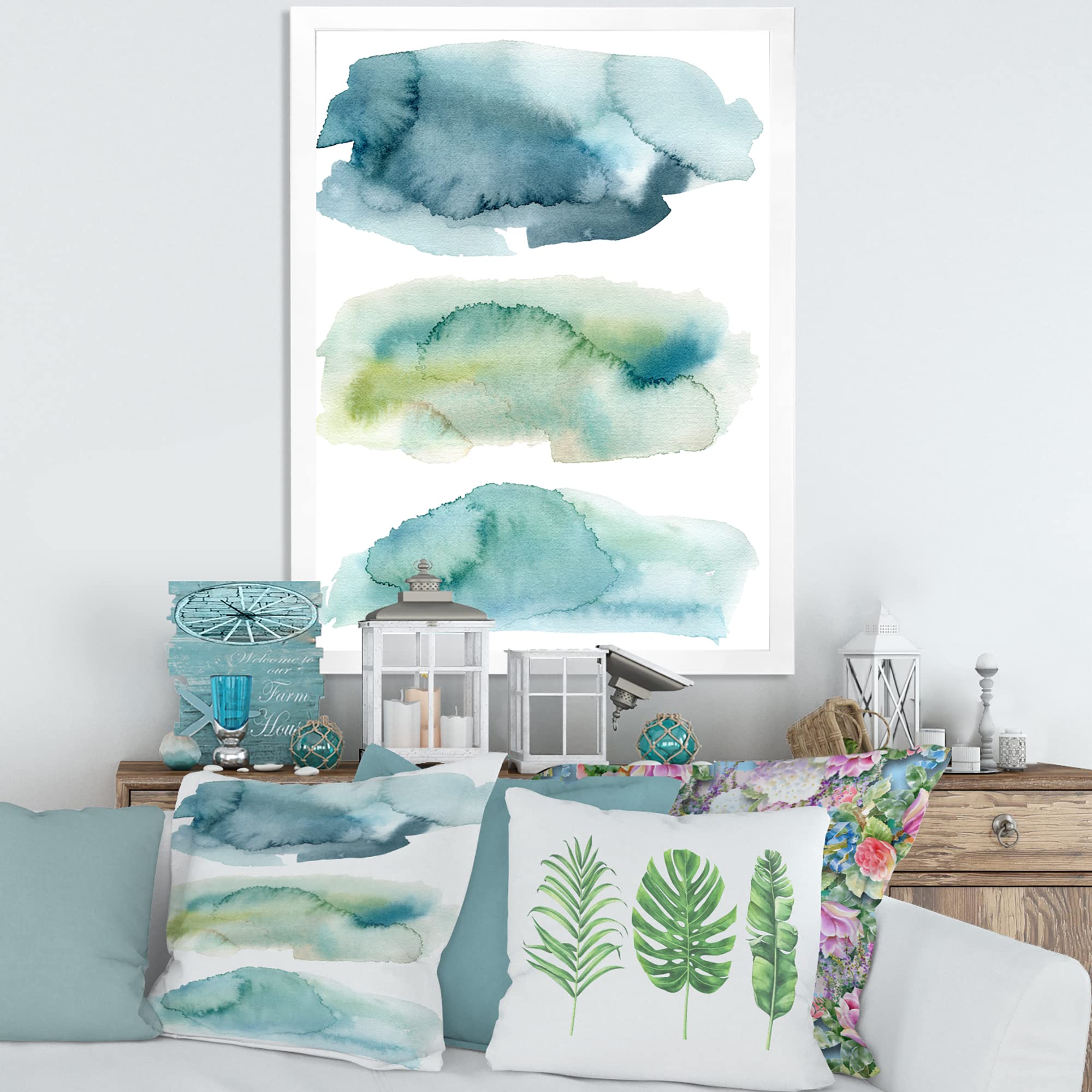 DesignQ Blue and Green Clouds Modern Framed Wall Art - Contemporary Home Decor for Living Room, Bedroom & Office