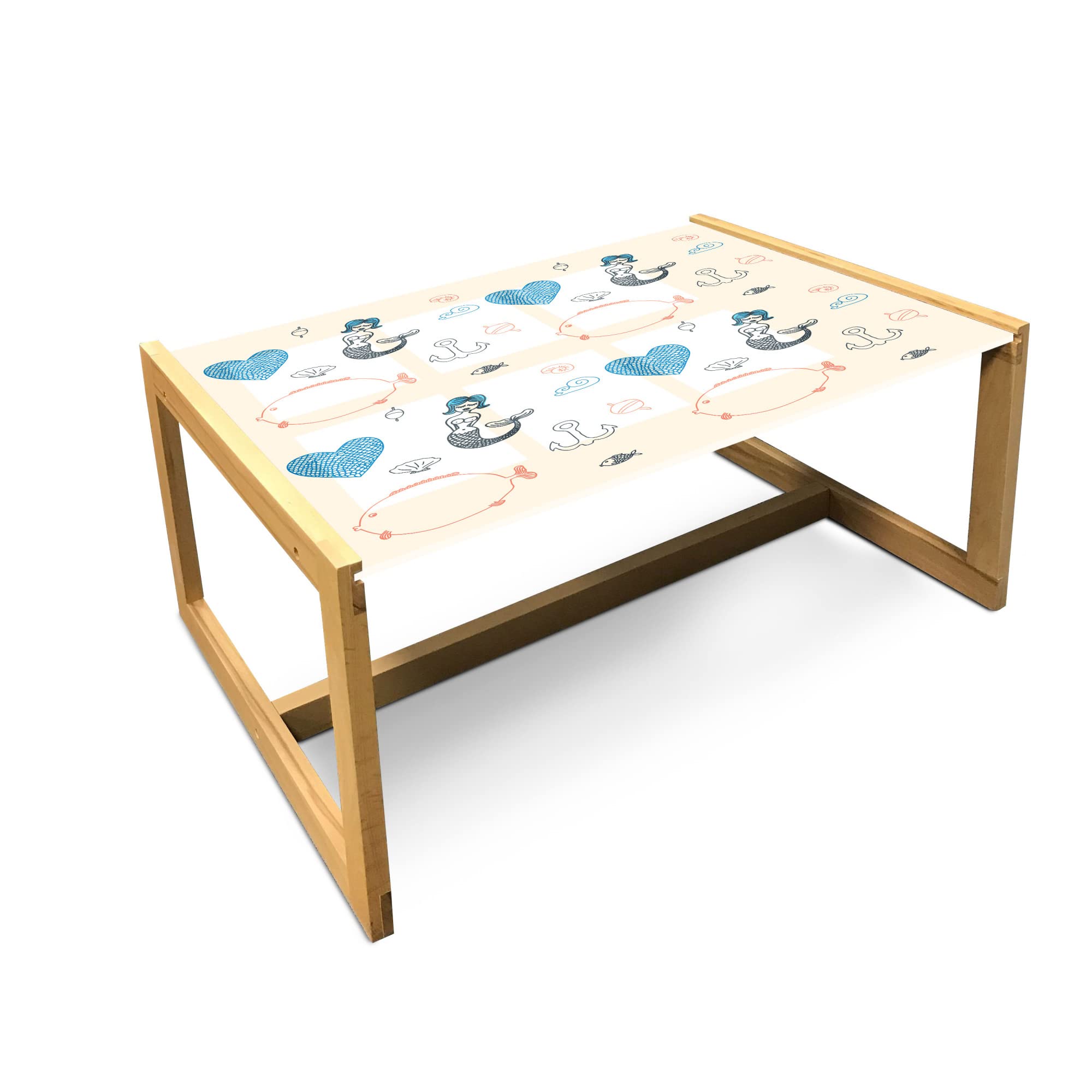 Ambesonne Mermaid Coffee Table with Balloon Fish Hearts Pattern - Sea Oceanic Sketch Art Theme - Acrylic Glass Top & Wooden Frame - Large Size in Pale Blue, Black & Cream - Perfect for Living Room, Office or Dorm Decor