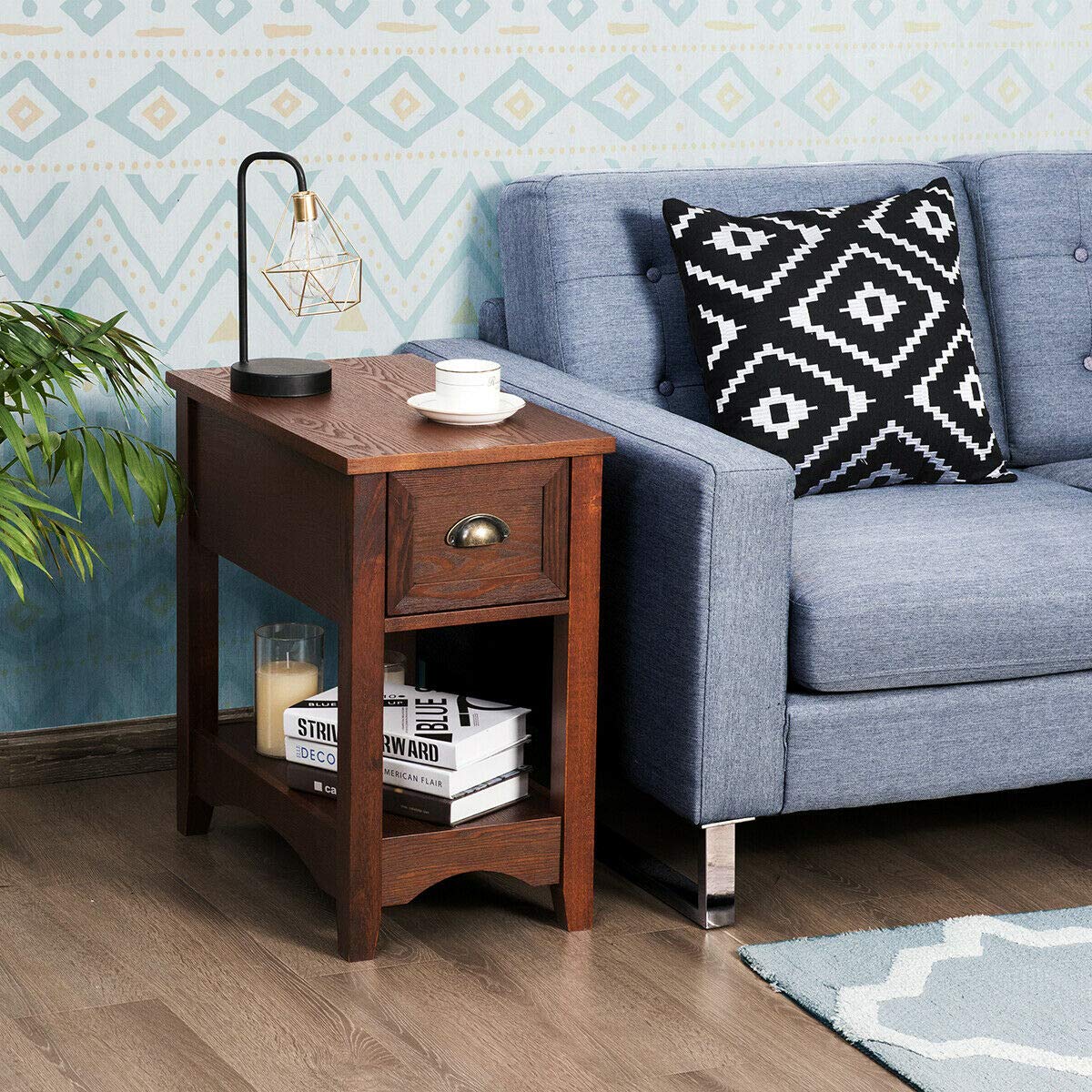 Giantex Retro Narrow End Table with Drawer & Storage Shelf - Solid Wood Nightstand for Bedroom, Living Room, Home Office - Perfect Small Space Solution for Bedside Storage & Decor (Walnut)