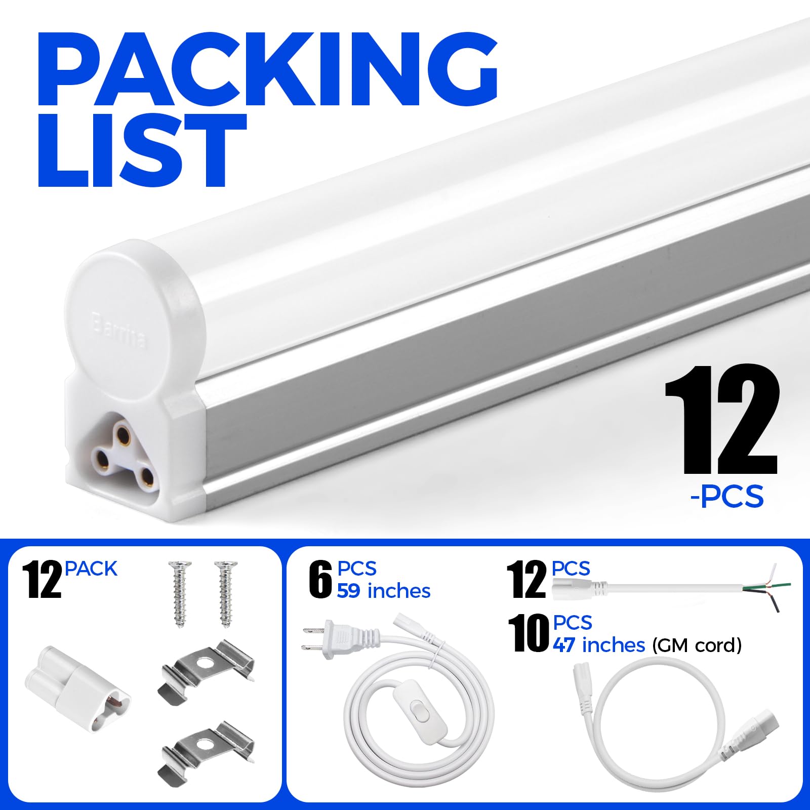 Barrina 12 Pack T5 LED Shop Light 4FT, 5000K Daylight White, 2200lm, 20W - Linkable Utility Lights for Ceiling & Under Cabinet - ETL Certified with ON/Off Switch - Perfect for Workshop, Garage, Warehouse Lighting
