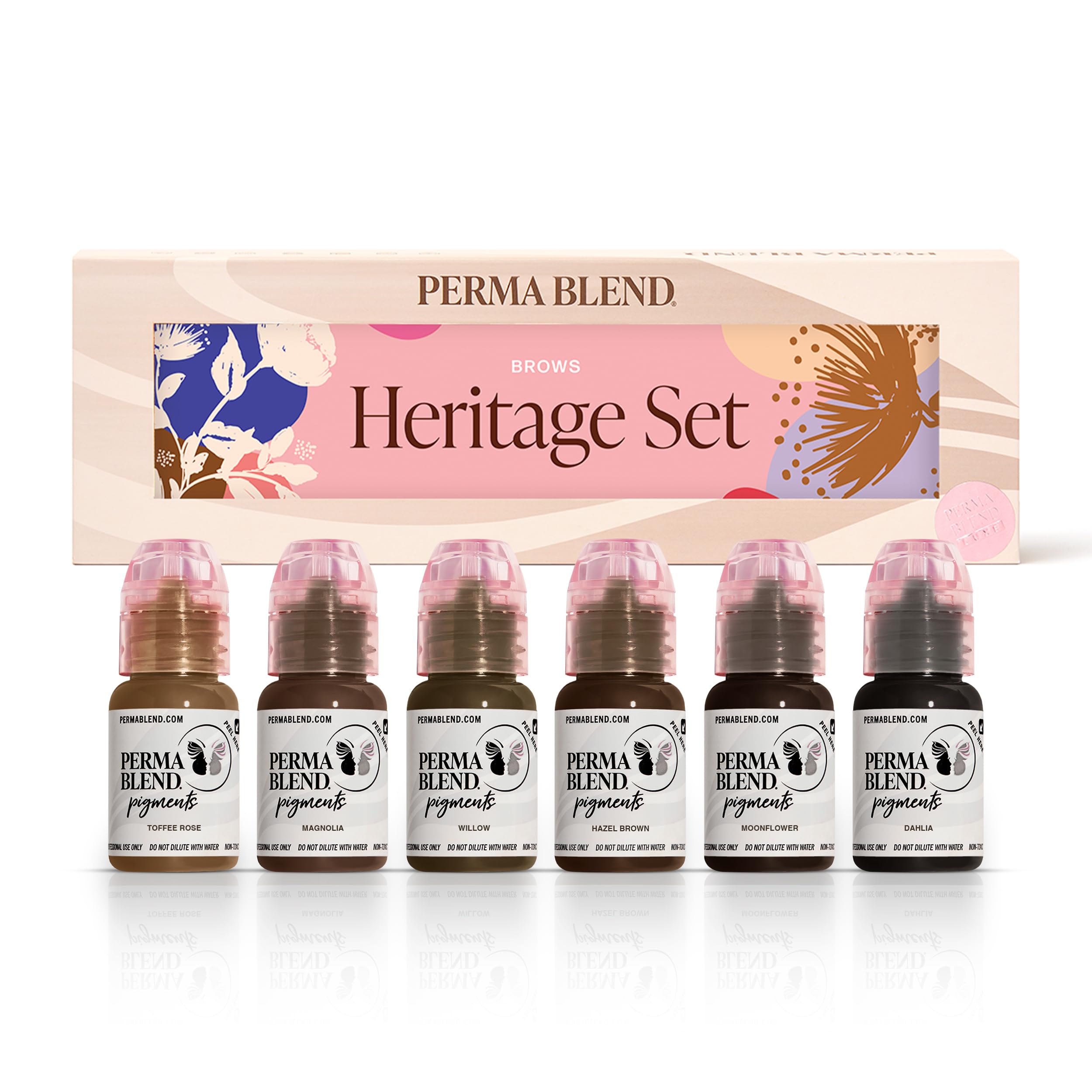 **Perma Blend Heritage Eyebrow Tattoo Ink Pigment Set - 6 Colors (Toffee, Rose, Magnolia, Willow, Hazel Brown, Moonflower, Dahlia) - 0.5 oz Bottles - Professional Microblading & Permanent Makeup Supplies for Natural Brows - Perfect for Salons, Tattoo Artists & DIY Beauty**