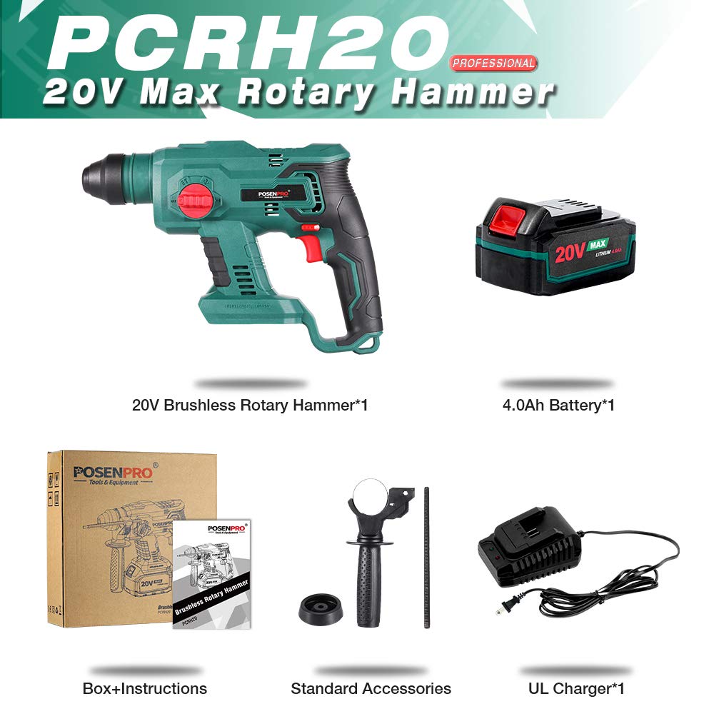 Posenpro 20V Brushless Cordless Rotary Hammer Drill with 4 Modes, Variable Speed & Adjustable Handle - Includes 4.0Ah Li-ion Battery & Fast Charger - Perfect for Concrete Drilling, Masonry Work & DIY Home Projects