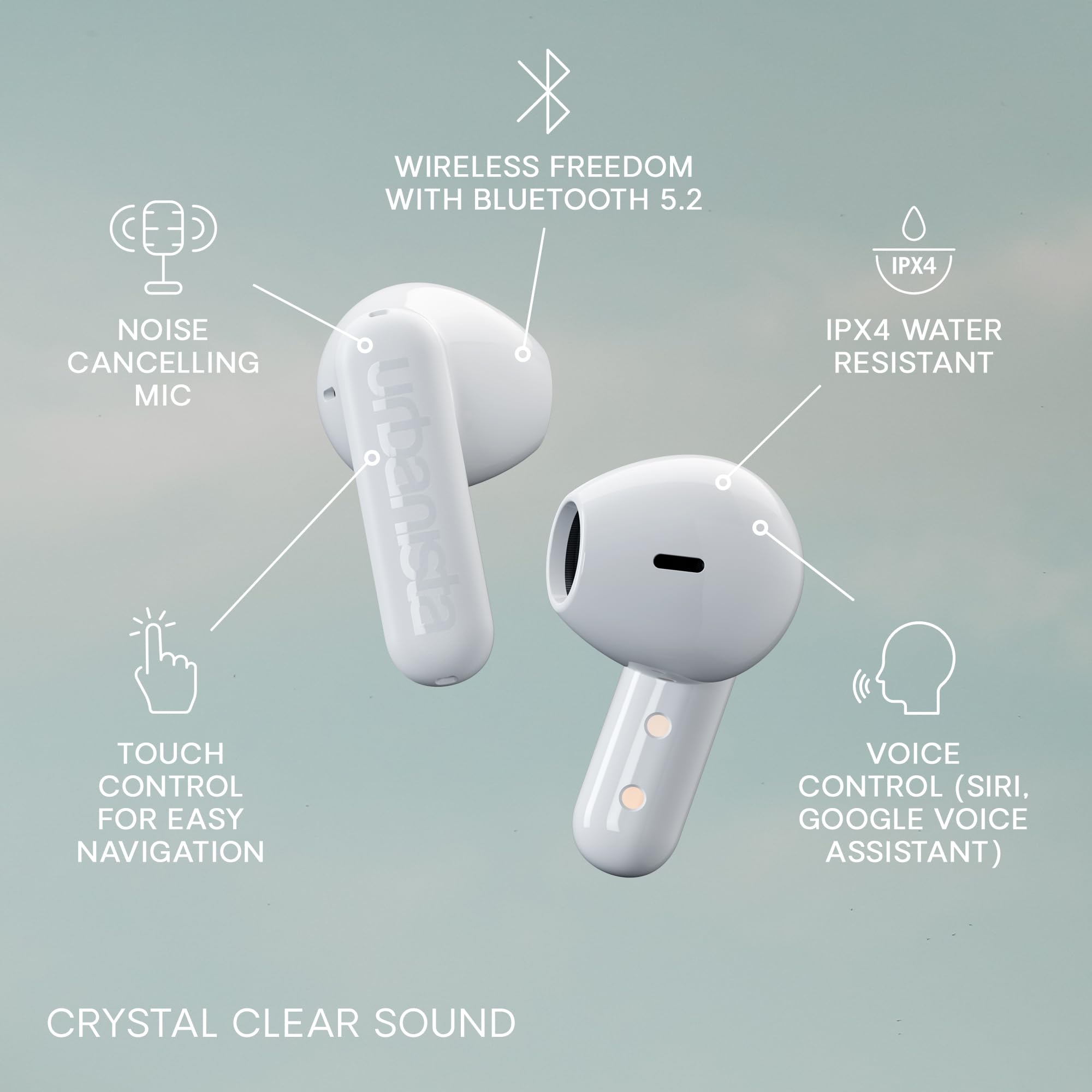 Urbanista Copenhagen True Wireless Earbuds, Bluetooth 5.2 Wireless Headphones with IPX4 Water Resistance, Touch Controls & Noise Cancelling Mic, 32H Total Playtime, USB-C Charging Case - Pure White | Perfect for Gym, Commuting & Workouts