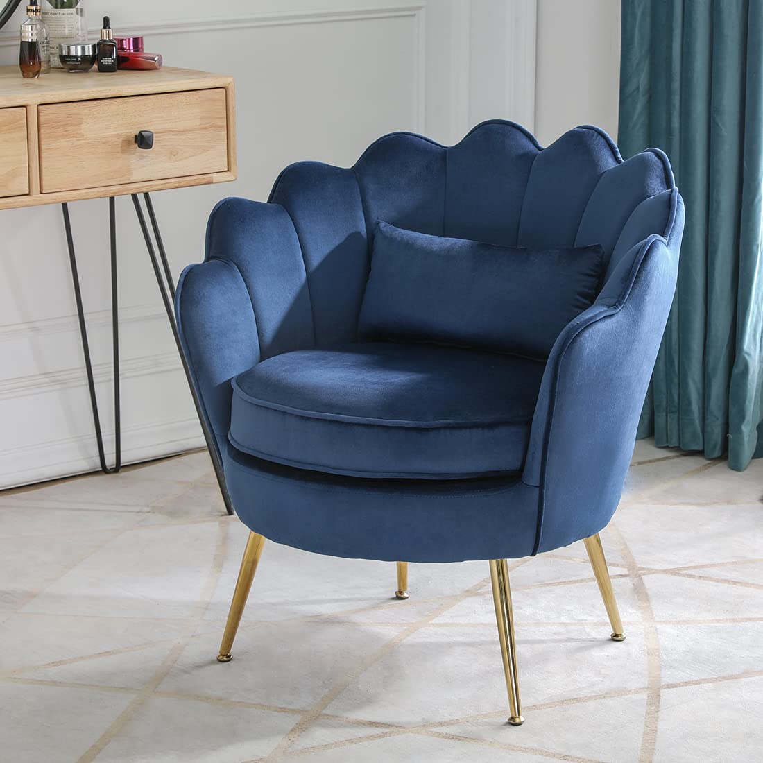 Modern Velvet Accent Chairs Set of 2 - Dark Blue Upholstered Armchairs with Golden Metal Legs for Living Room, Bedroom or Makeup Vanity | Stylish Seating for Home Decor, Lounge & Guest Room