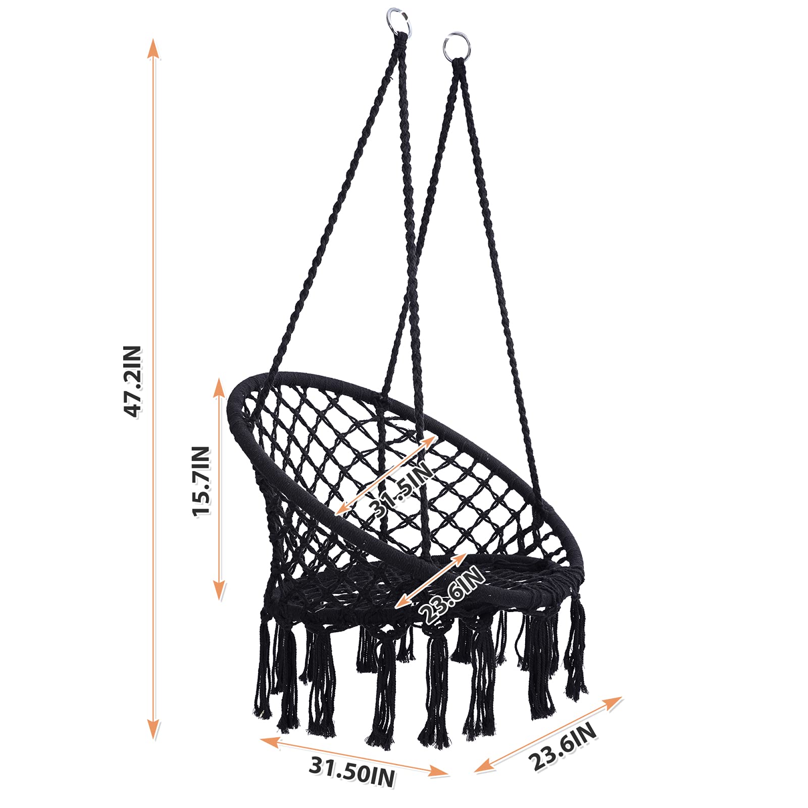 Macrame Swing Chair Hammock - 330 Lbs Weight Capacity, Cotton Rope Hanging Chair for Indoor & Outdoor Use - Perfect for Garden, Patio, Living Room, and Nursery Relaxation (Black)