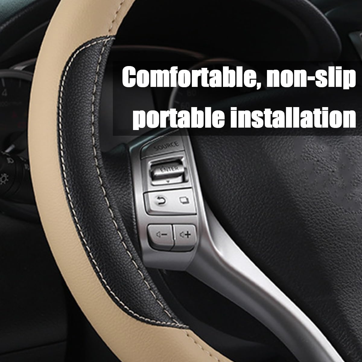 BELOMI 15 Inch Universal Leather Steering Wheel Cover - Non-Slip, Breathable Sport Design for Cars, Trucks & SUVs | Premium Odorless Wheel Protector | Perfect for Daily Commuting & Road Trips (Beige)