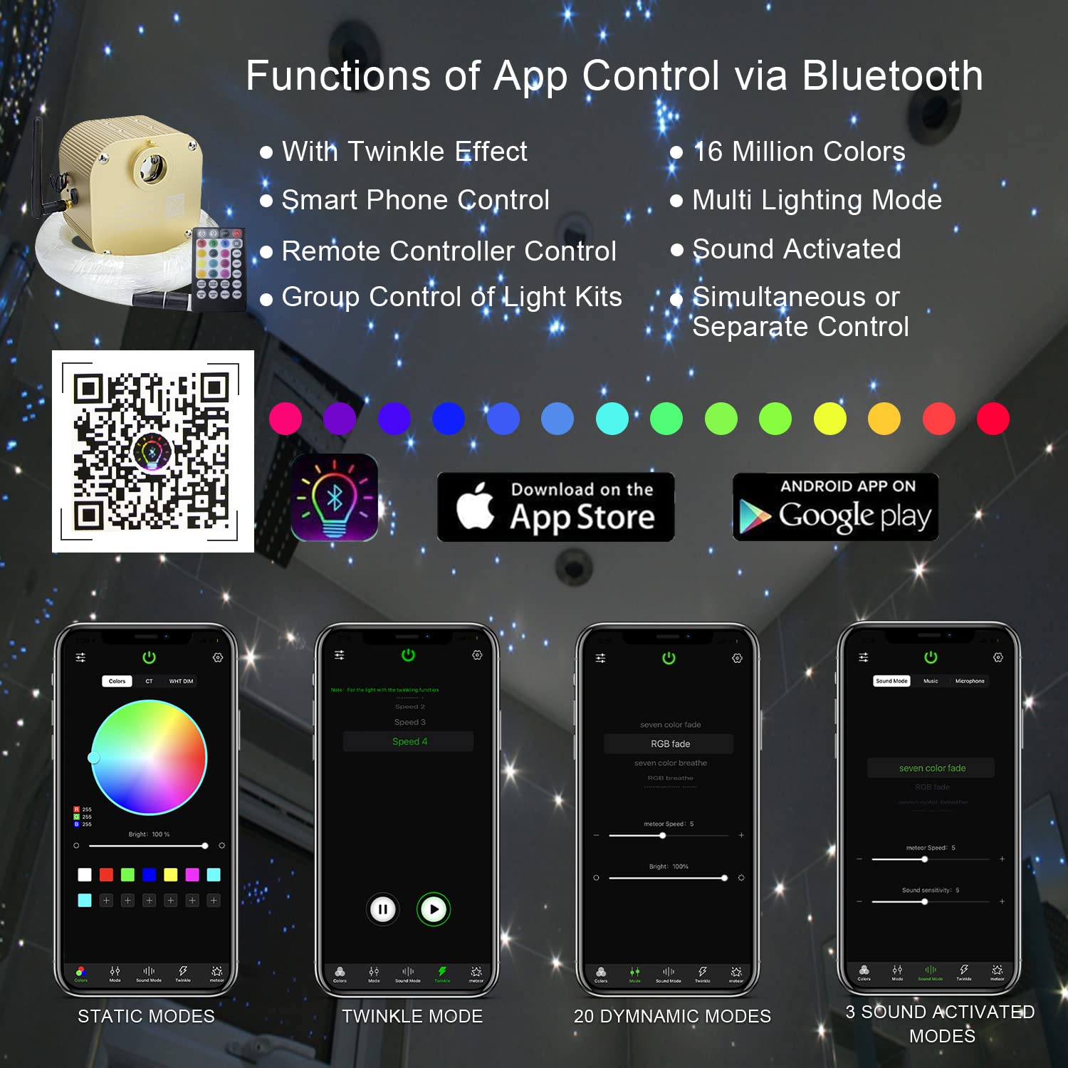 AKEPO 16W RGBW Twinkle Music Fiber Optic Star Ceiling Light Kit with APP & Remote Control - 430pcs 9.8ft/3m Optical Fiber Cable (0.75+1+1.5mm) - LED Light Source for Car, Home, Bedroom & Party Decoration