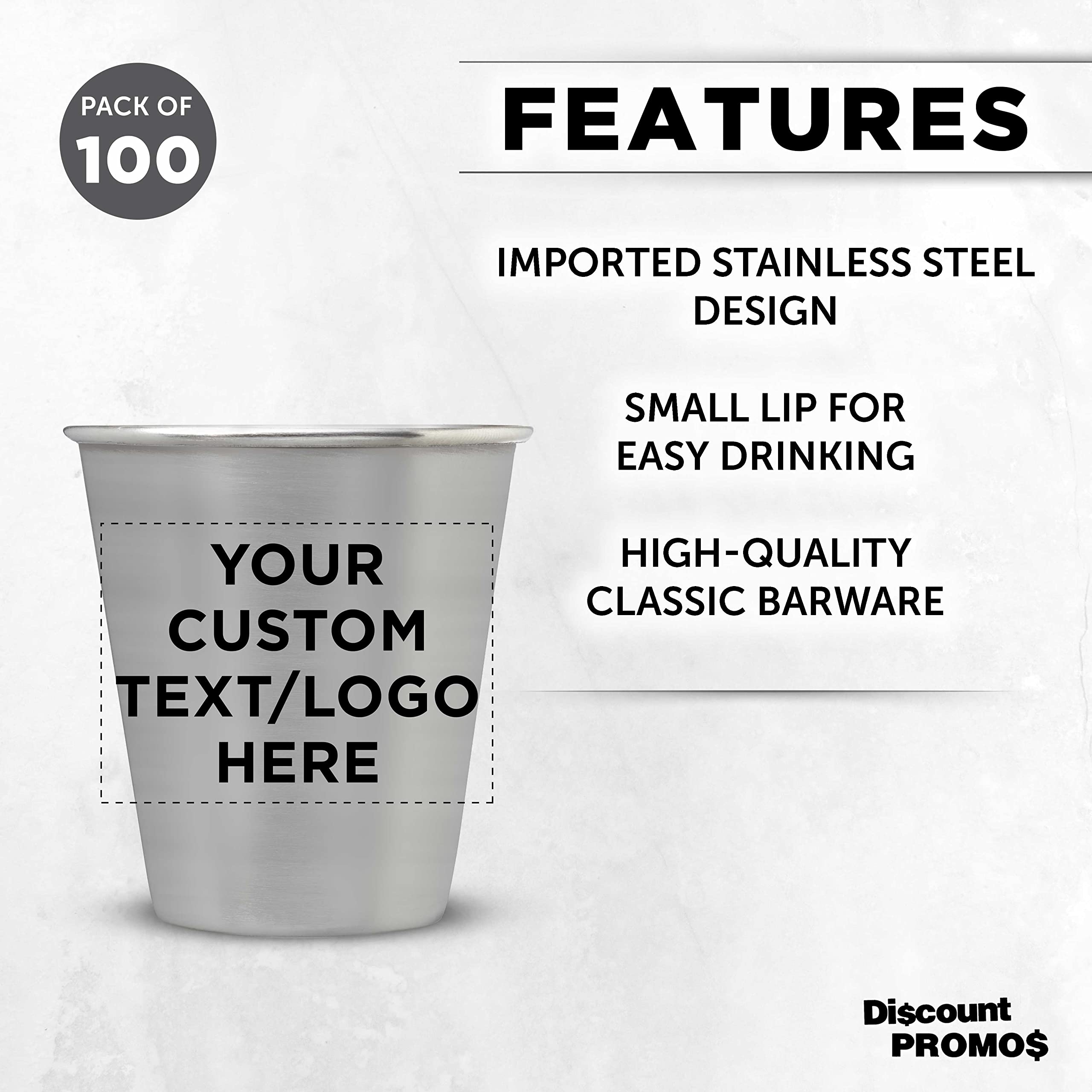 Custom Personalized Stainless Steel Shot Glasses 2.5 oz (Set of 100) - Bulk Pack for Weddings, Birthdays, Parties & Events - Durable Barware for Home, Office & Commercial Use