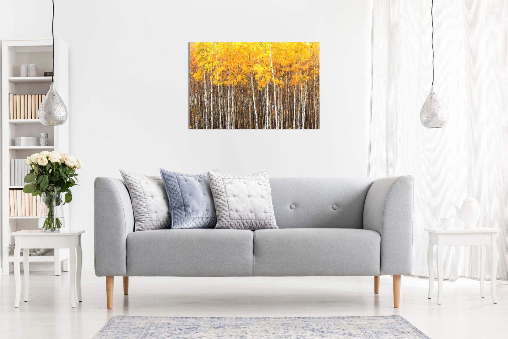 Yellow Grey Aspen Trees Forest Nature Oil Painting Canvas Wall Art Print (24x16) - Perfect for Living Room, Bedroom & Office Decor