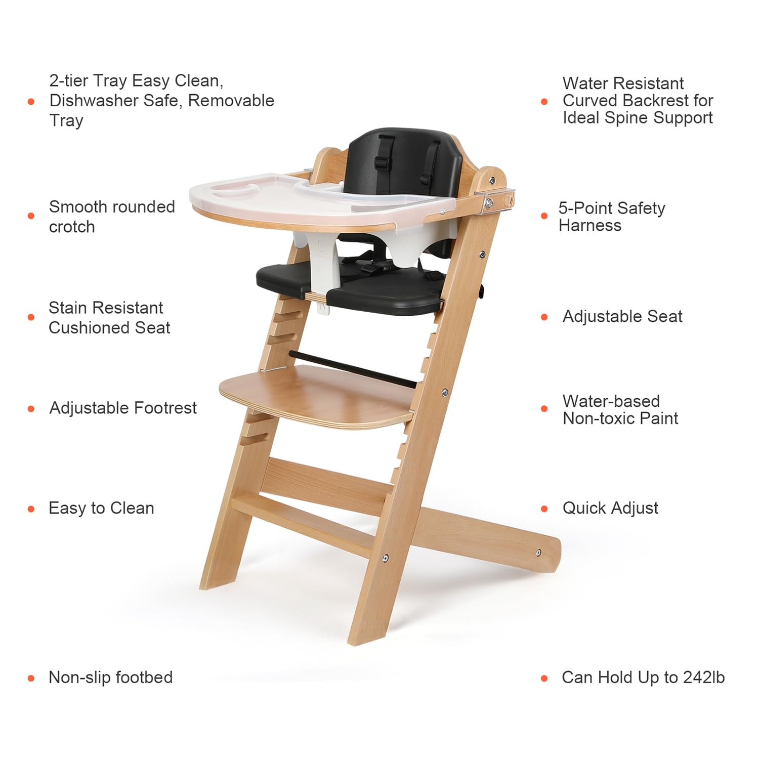 Cowiewie Natural Wooden High Chair for Babies & Toddlers - 3-Tier Removable Tray, 8 Adjustable Heights with Cushions, Easy to Clean Baby Feeding Chair (Black) | Perfect for Dining, Weaning & Playtime