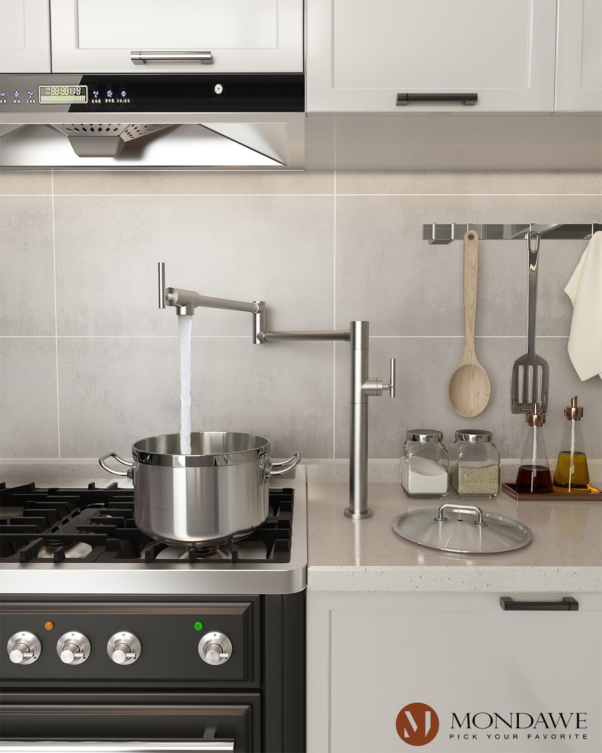 2-in-1 Commercial Grade Pot Filler Faucet - Deck Mount Brass Kitchen Faucet with Double Joint Swing Arms - Lead-Free Brushed Nickel Finish - Ideal for Stove Pot Filling in Restaurants & Home Kitchens