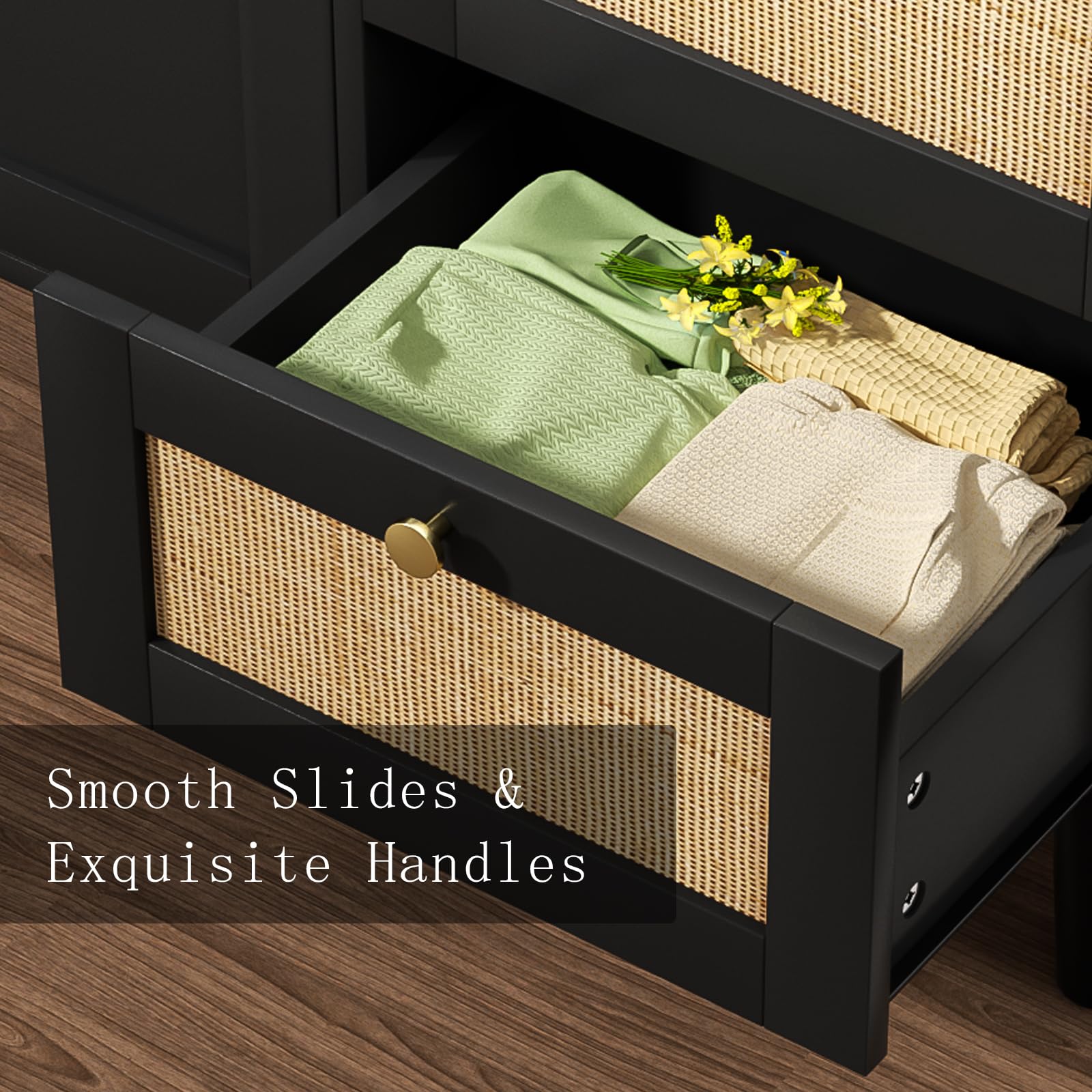 Anmytek Black Rattan Sideboard Buffet Cabinet - 2 Doors & 3 Drawers Storage Credenza for Dining Room, Hallway, Kitchen | Perfect for Home Organization & Entertaining Guests