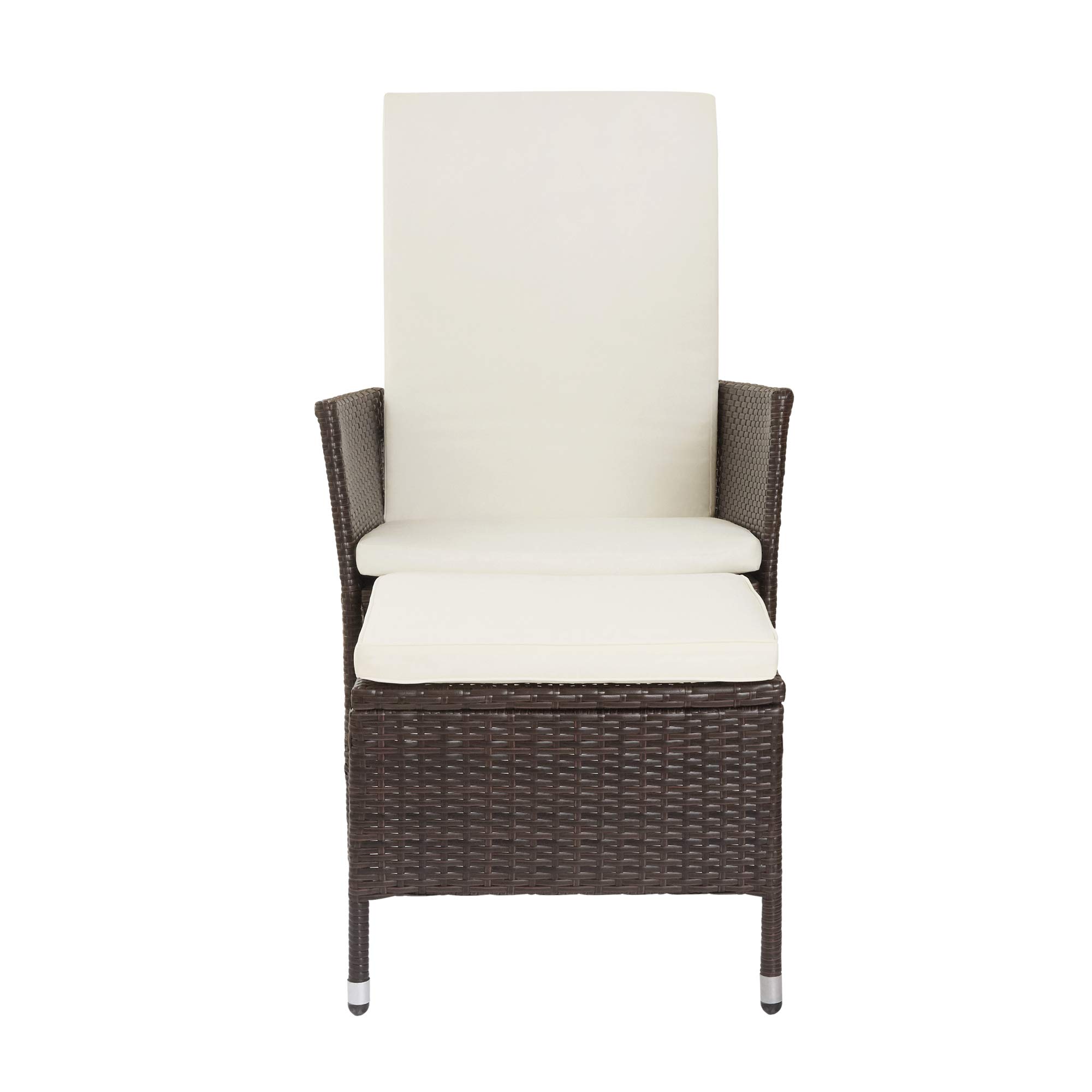 Teamson Home Outdoor PE Rattan Patio Lounge Chair with Ottoman & White Weatherproof Cushions - Brown - Perfect for Patio, Deck, Garden, Poolside, Balcony or Sunroom Relaxation
