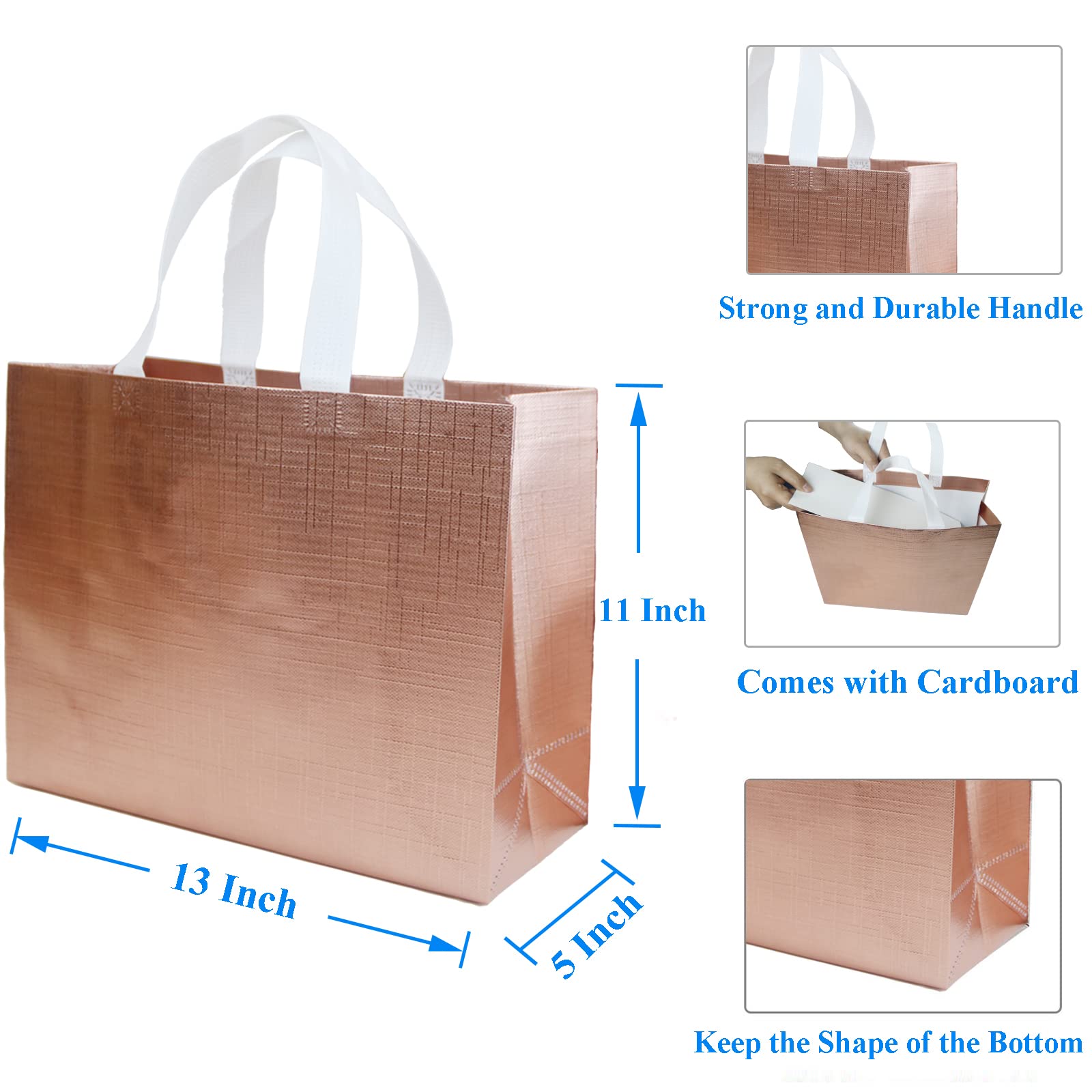 HUANN Rose Gold Bachelorette Party Gift Bags - Large Glossy Reusable Non-Woven Tote Bags for Bridal Shower, Wedding Favors & Girls Night Out