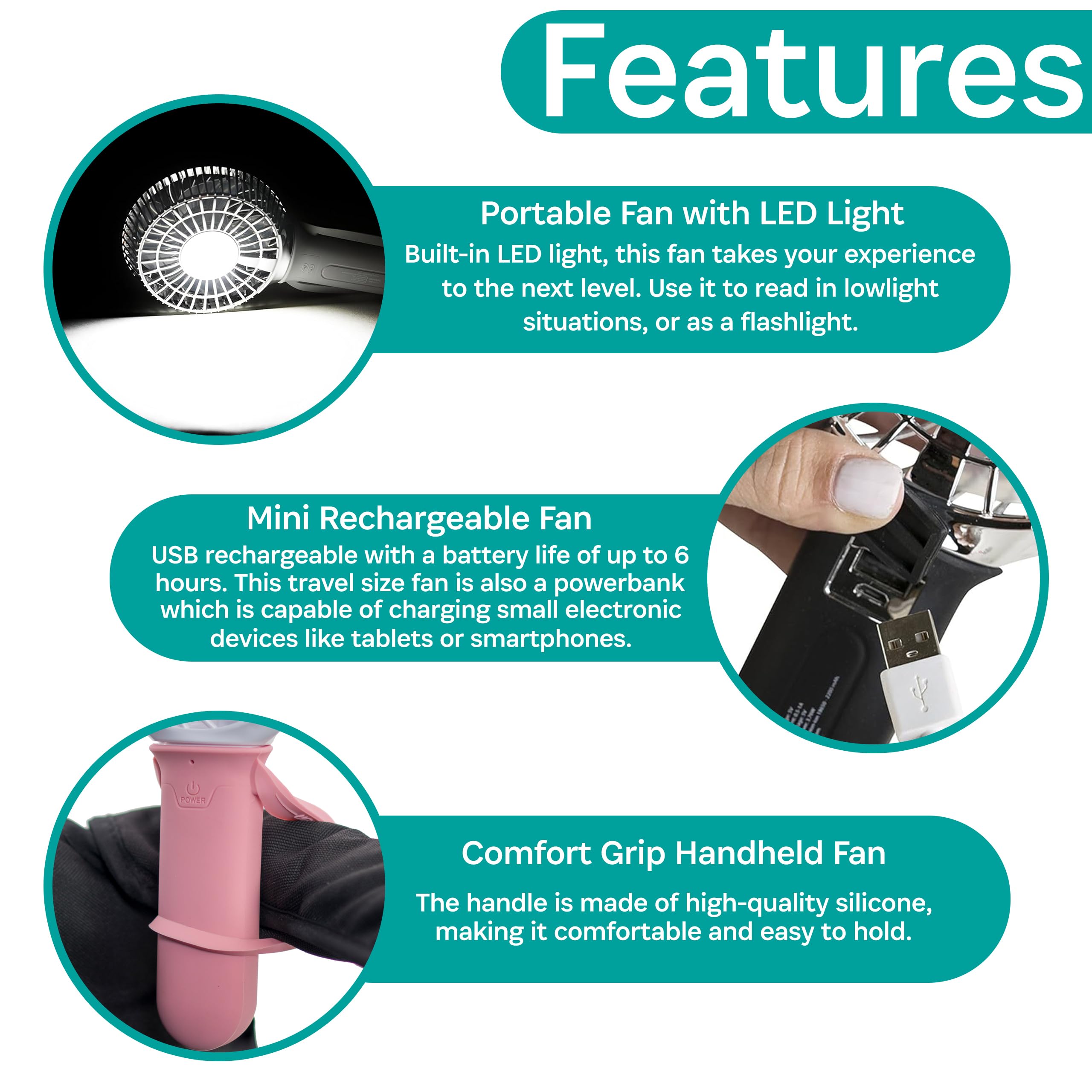 Buggygear 3 Speed USB Rechargeable Clip Fan with Power Bank & LED Flashlight - Portable Cooling Fan for Camping, Travel, Dorm, Office, Outdoor Activities - Gray/Chrome