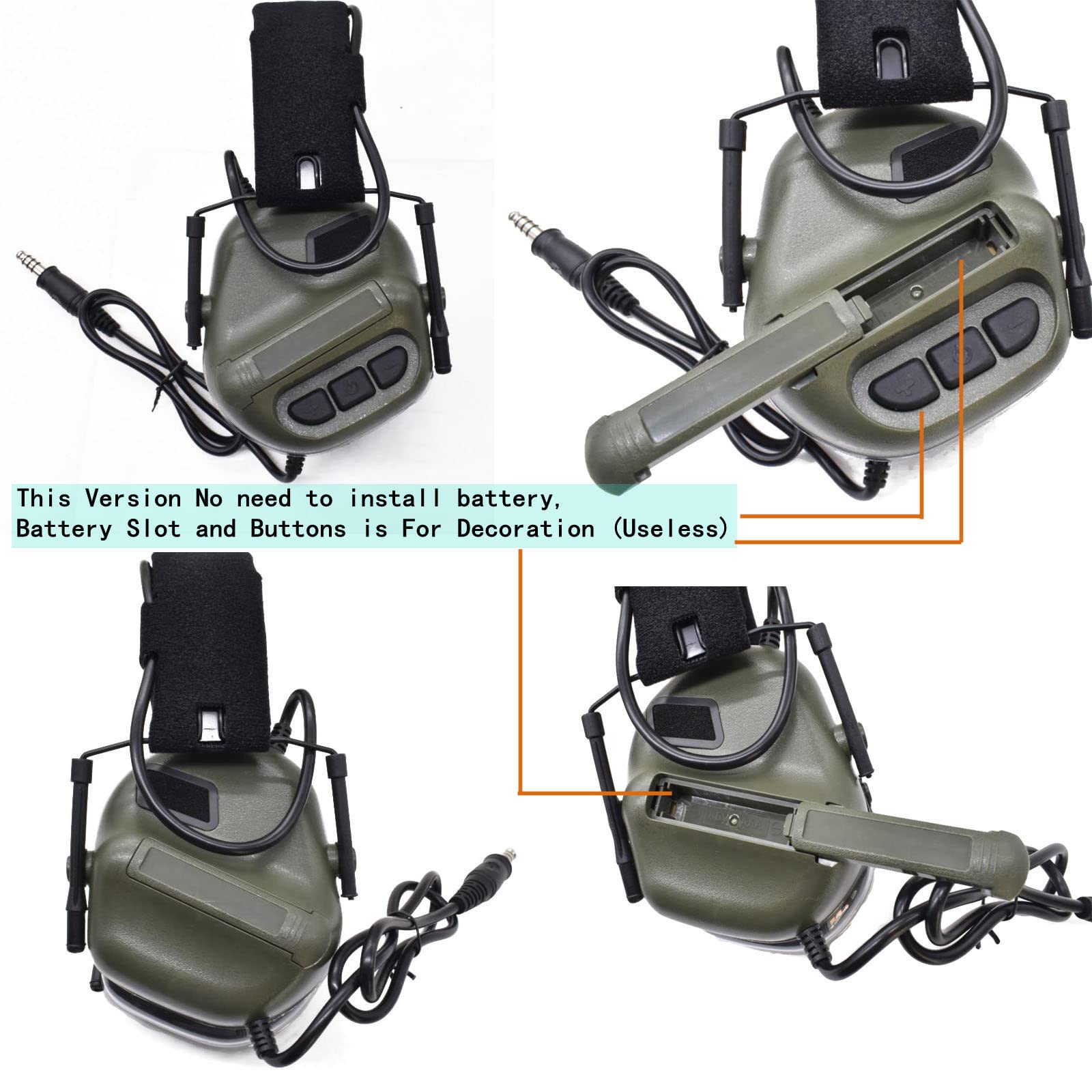 Tactical Headset with U94 PTT 2pin & ARC Rail Adapter - Compatible with Ops-Core Fast, ACH, MICH Helmets - Ideal for Airsoft, Hunting, Shooting & Military Training (Green)