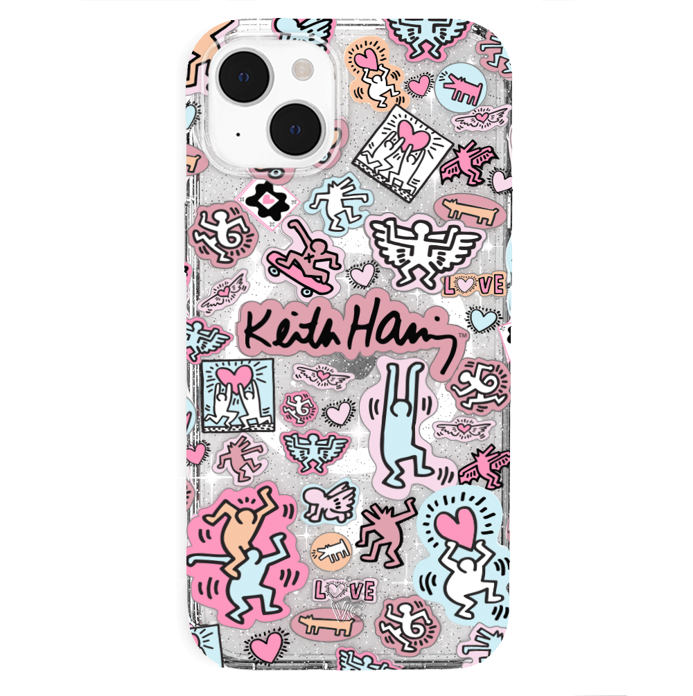 Keith Haring Pastel Glitter iPhone Case - Trendy Protective Cover for iPhone 11/12/13/14/15 Pro Max - Cute Artistic Design for Everyday Use & Gift Giving