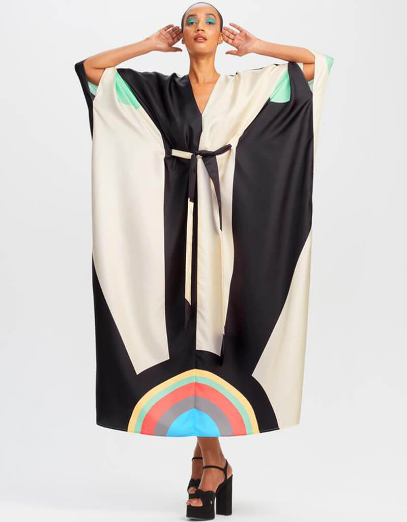 Luxury Beige & Black Satin Silk Kaftan Dress - Elegant Soft Kimono Robe for Women - Perfect for Beach Cover Up, Bridal Party, or Lounge Wear