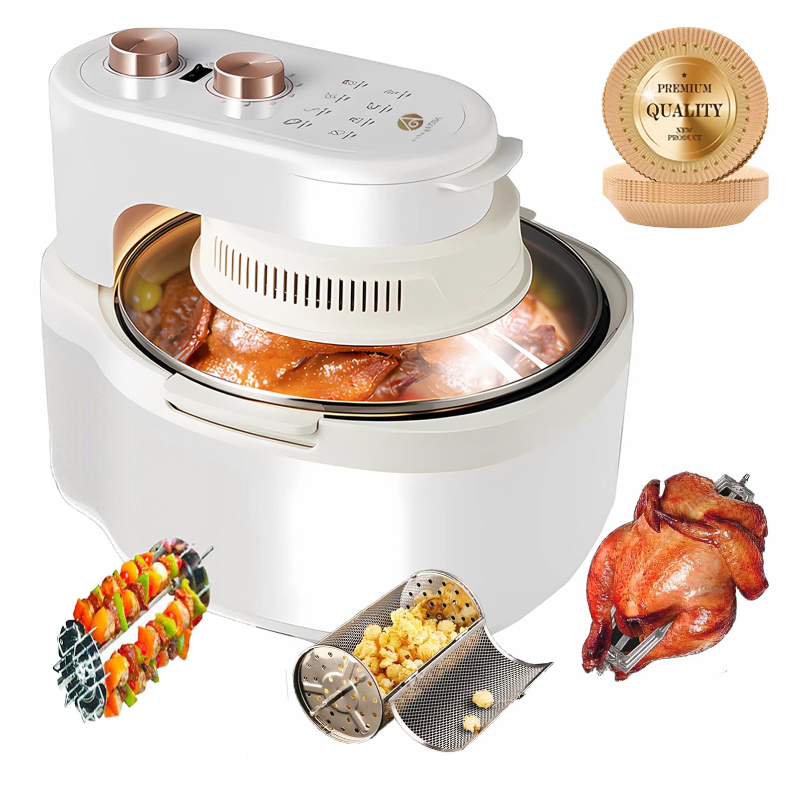 10-in-1 Multi-Function Glass Air Fryer with Rotating Basket - 8 Quart Large Capacity, Even Heating Technology, Visible Window & Explosion-Proof Design - White Gold & Beige Cream - Perfect for Healthy Cooking, Family Meals & Party Snacks