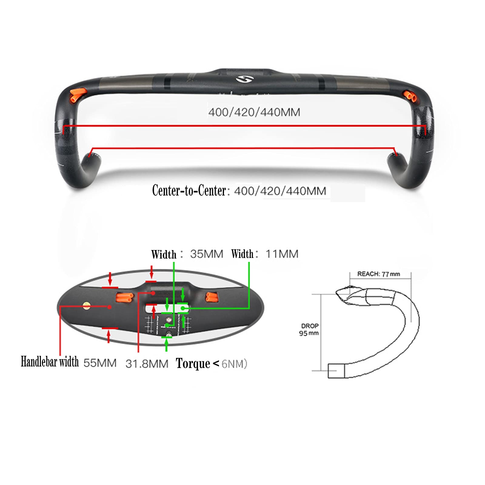Ultralight Carbon Fiber Bike Handlebars - 31.8x400/420/440mm Road & Mountain Bike Drop Bar for MTB Cycling - Matte Black with Inner Cable Routing - Perfect for Racing, Commuting & Long-Distance Riding