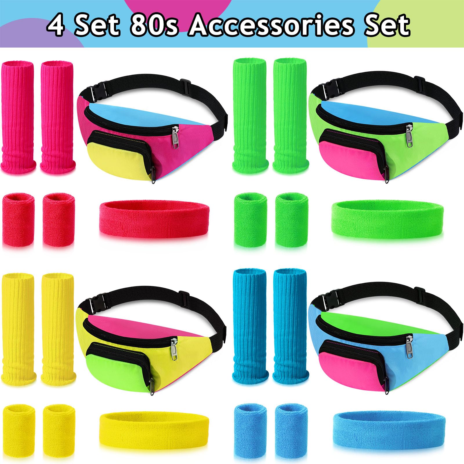 Xuniea 4-Piece 80s Workout Accessories Set for Women - Retro Fanny Pack, Neon Leg Warmers, Headband & Wristbands | 80s 90s Disco Party, Cosplay & Dance Costume Outfit