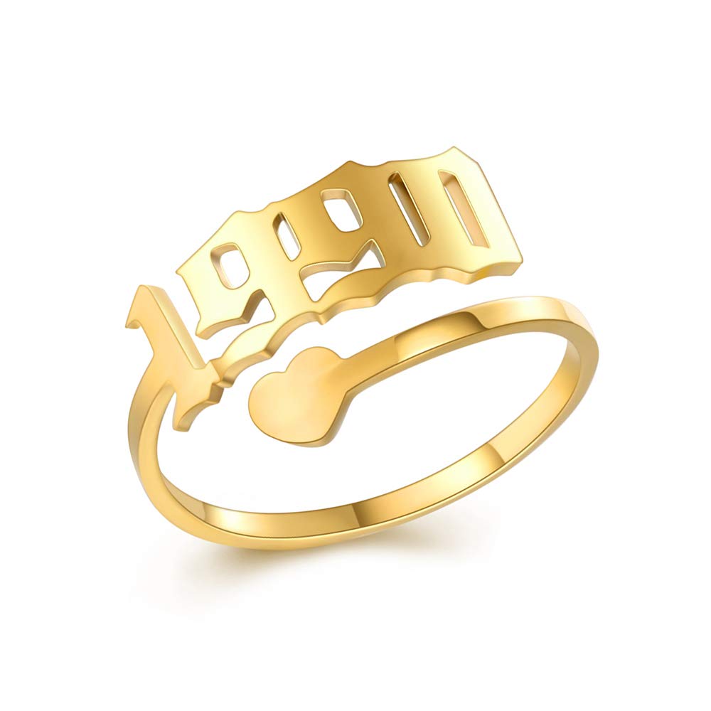 SKQIR Adjustable Initial & Birth Year Open Ring for Women - Gold/Silver Stainless Steel Promise, Engagement & Wedding Band - Delicate Jewelry Gift for Girlfriend, Anniversary & Special Occasions