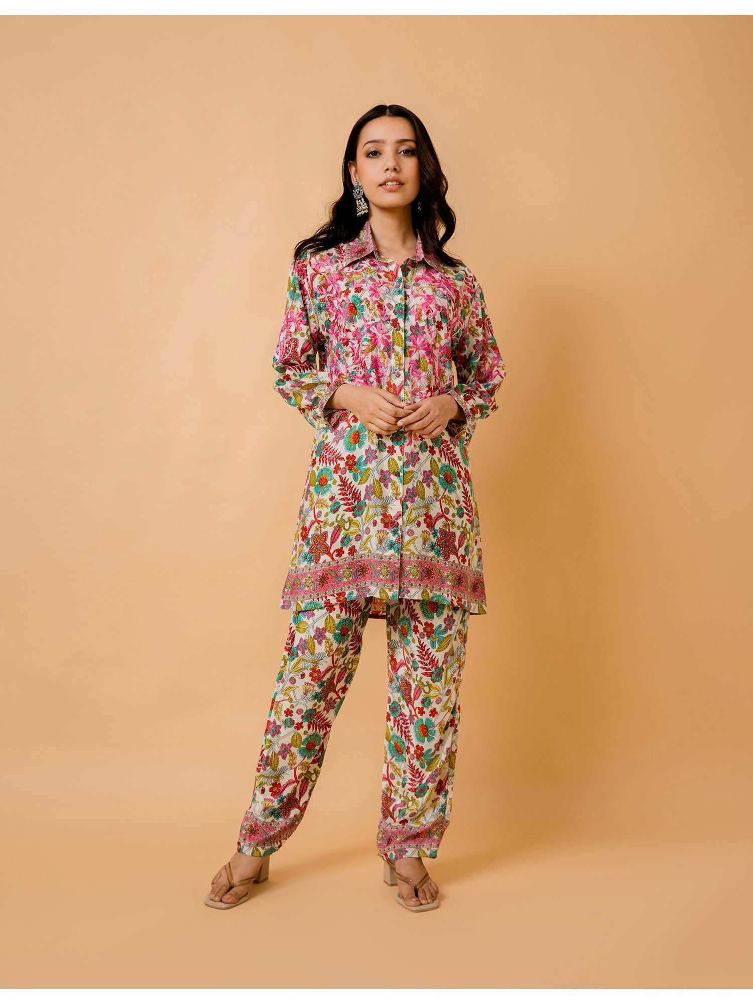 Fizaa Cream Multicolor Polysilk Set with Pink Hand Embroidery - Elegant Indian Ethnic Wear for Women, Party Wear, Wedding Outfit & Festive Occasions