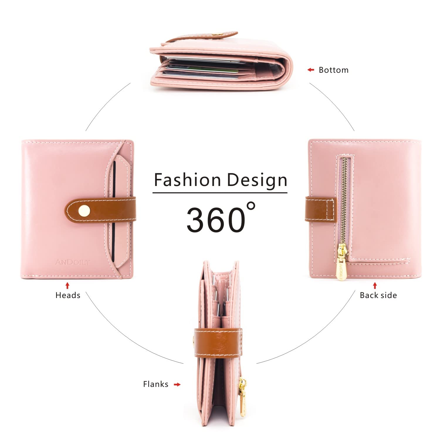 ANDOILT Genuine Leather Women's RFID Blocking Bifold Wallet - Small Slim Card Holder with ID Window & Coin Pocket, Pink | Perfect for Everyday Use, Travel & Gift Giving
