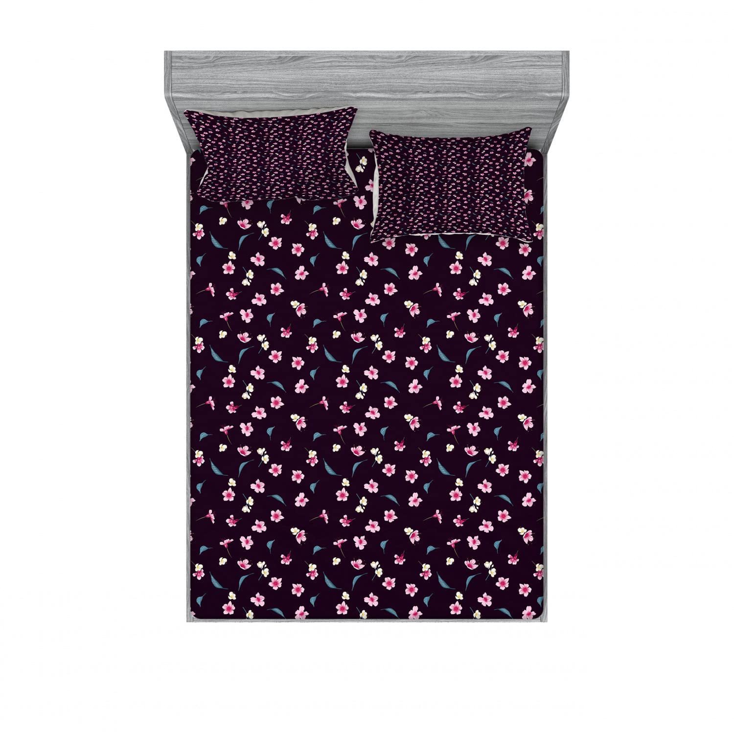 Ambesonne Cherry Blossom 2-Piece King Size Fitted Sheet Set with 4 Pillow Shams - Yozakura Floral Pattern Dark Purple Teal Bedding Collection for Master Bedroom & Guest Room Decor