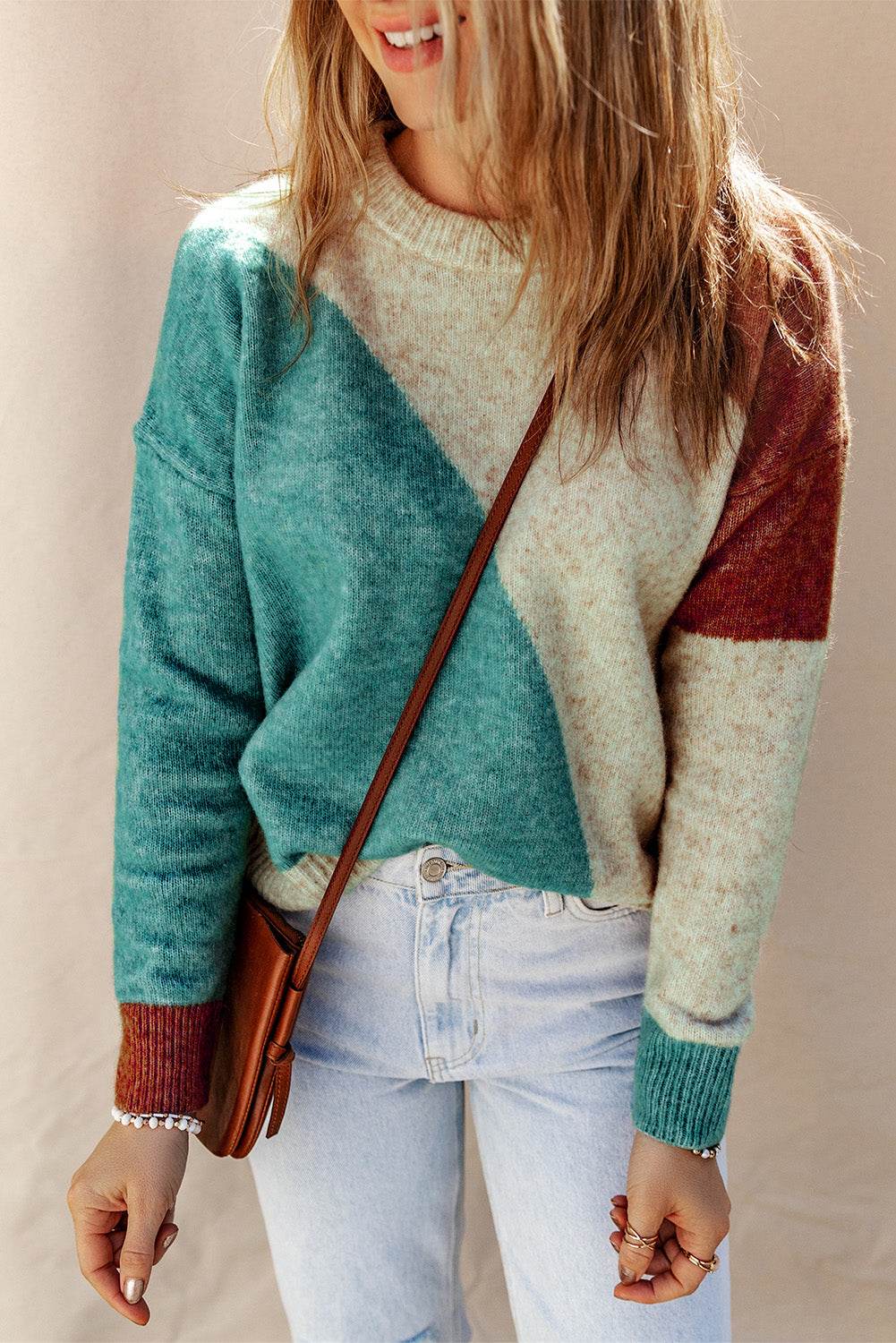 Color Block Round Neck Dropped Shoulder Pullover Sweater - Women's Casual Oversized Knit Sweater for Fall & Winter | Perfect for Office, Date Night & Cozy Weekends