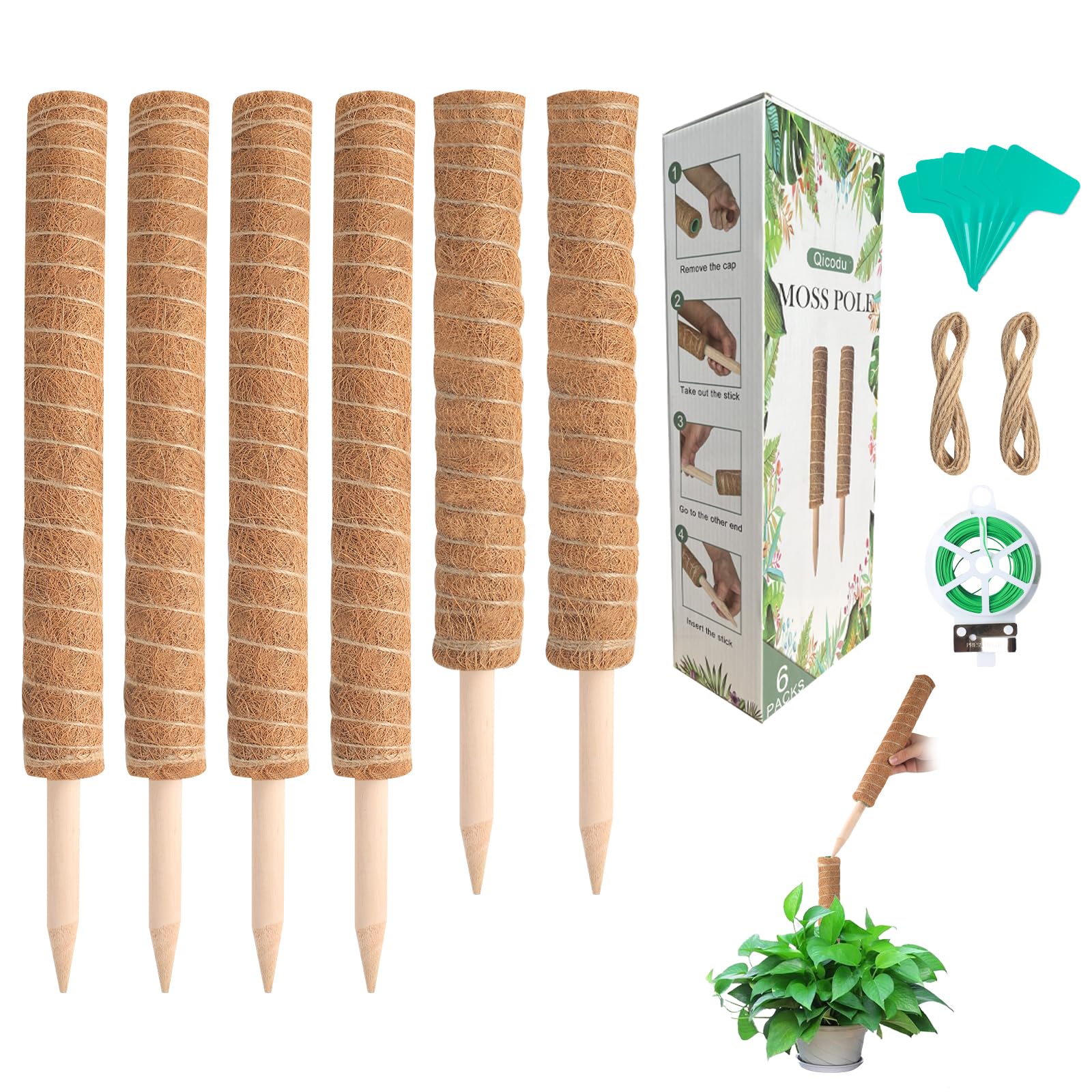 6 Pack Moss Poles for Monstera, Pothos & Philodendron - Stackable Plant Support Stakes (4x17in + 2x12in, 92in Total) with Garden Ties - Indoor Climbing Plant Trellis for Home & Office Decor