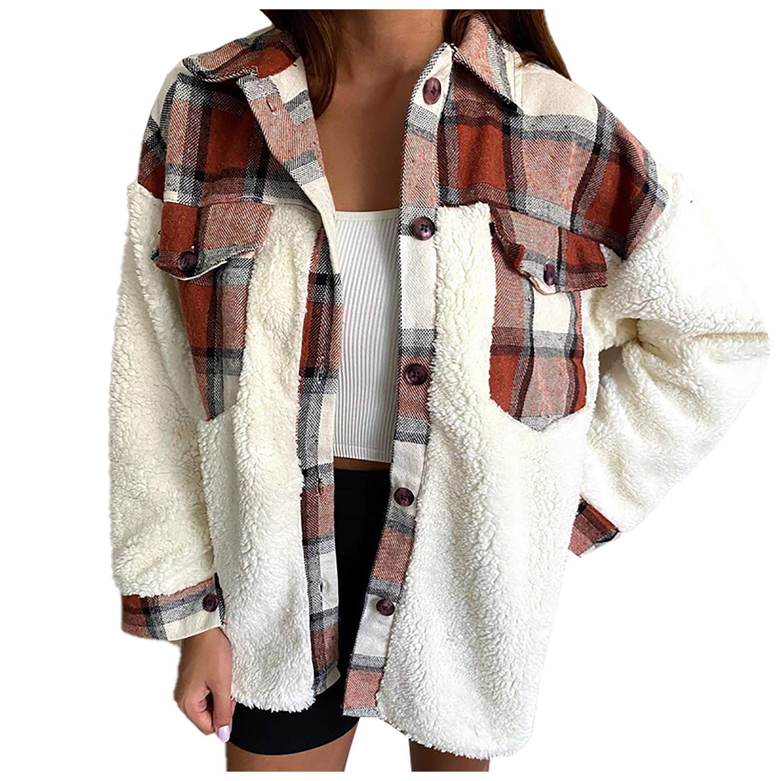 Women's Fall Jackets - Plaid Patchwork Lapel Warm Button Plush Coats | Winter Faux Cardigan Tops for Casual Outfits & Cold Weather
